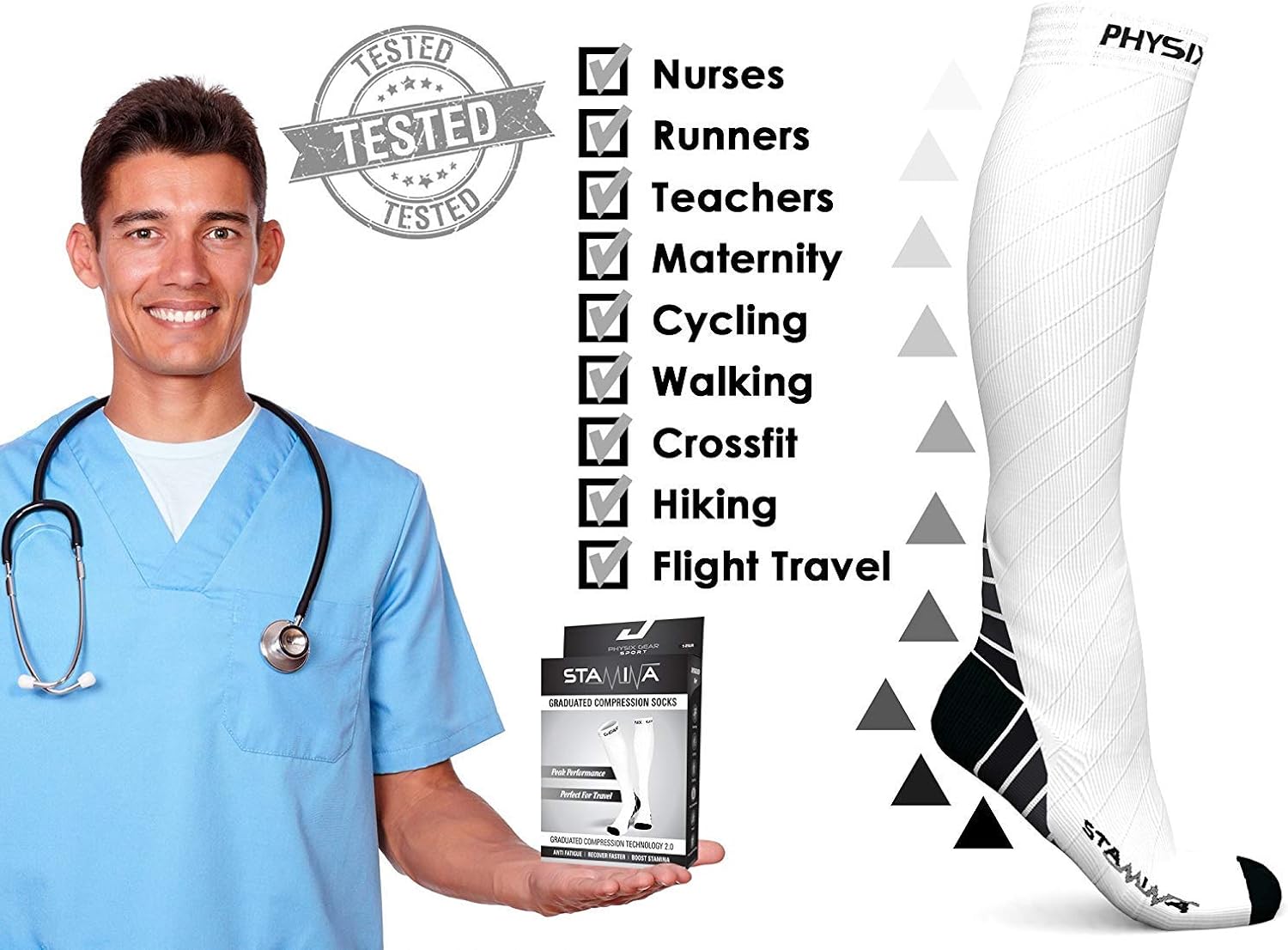 Physix Gear Sport 3 Pairs of Compression Socks for Men & Women 2 Pairs Low Cut & 1 Pair Knee High (Black/White) S-M Size : Clothing, Shoes & Jewelry