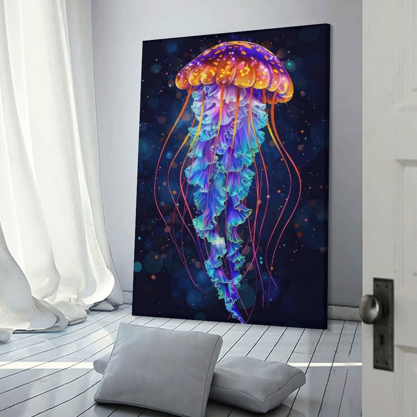 Junmoney Frame-Style-22 Neon Jellyfish Wall Picture Print, 20X30inch(50X75cm), For Living Room, Bedroom, Office Or Hallway, An Adaptable Decor Piece For Home Use