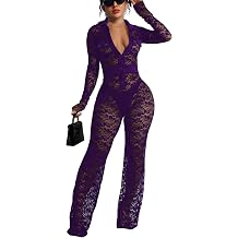 SxClub Sexy Lace Jumpsuits for Women Long Sleeve See Through Club Outfits | Womens Bodycon Fitted Long Pants Rompers Sheer Fishnet Evening Out Clubwear Catsuit