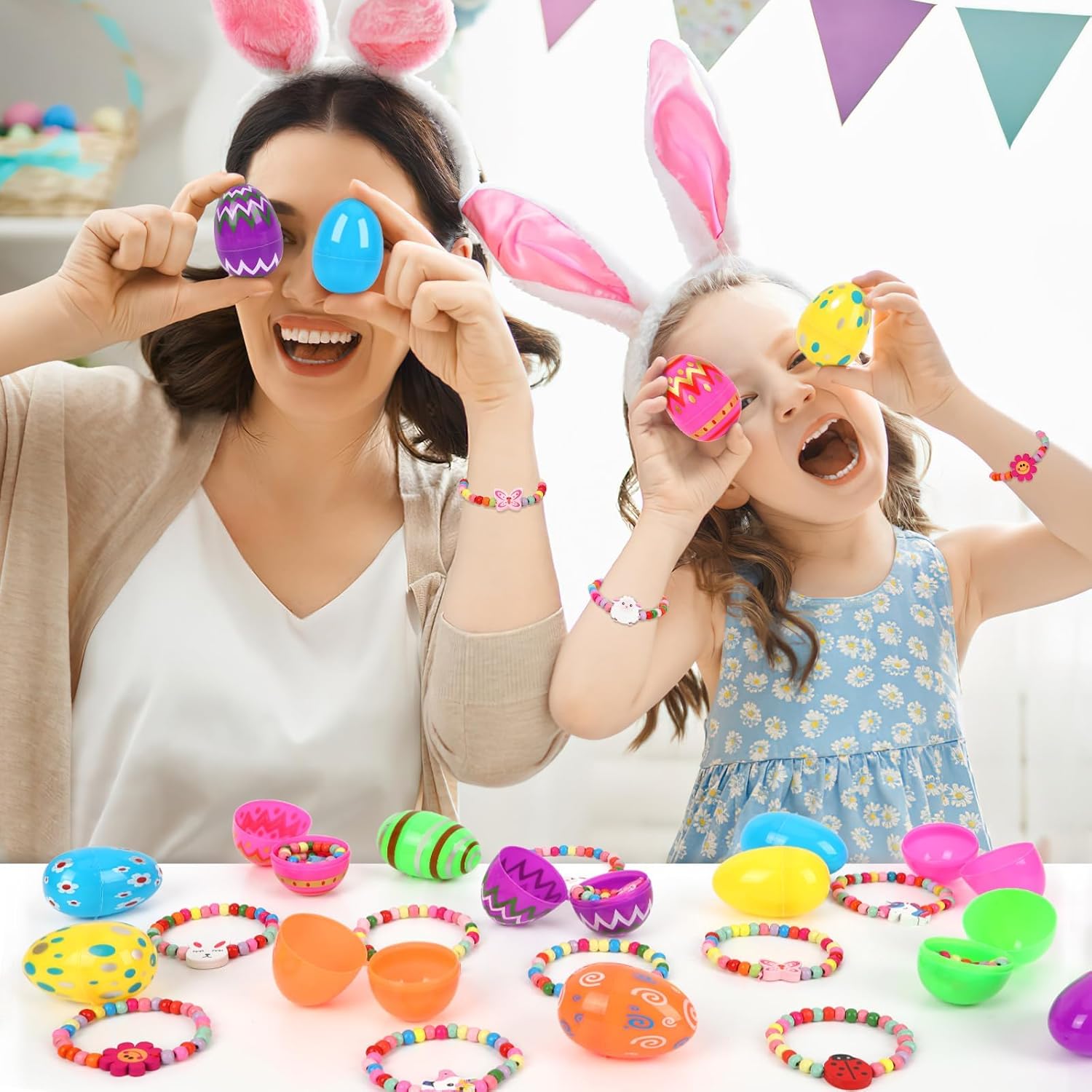 24 PCS Prefilled Easter Eggs Fillers with Bracelets,12 Different Easter Eggs Filled for Girls Kids Basket Stuffers Gift Party Classroom Prize Supplies