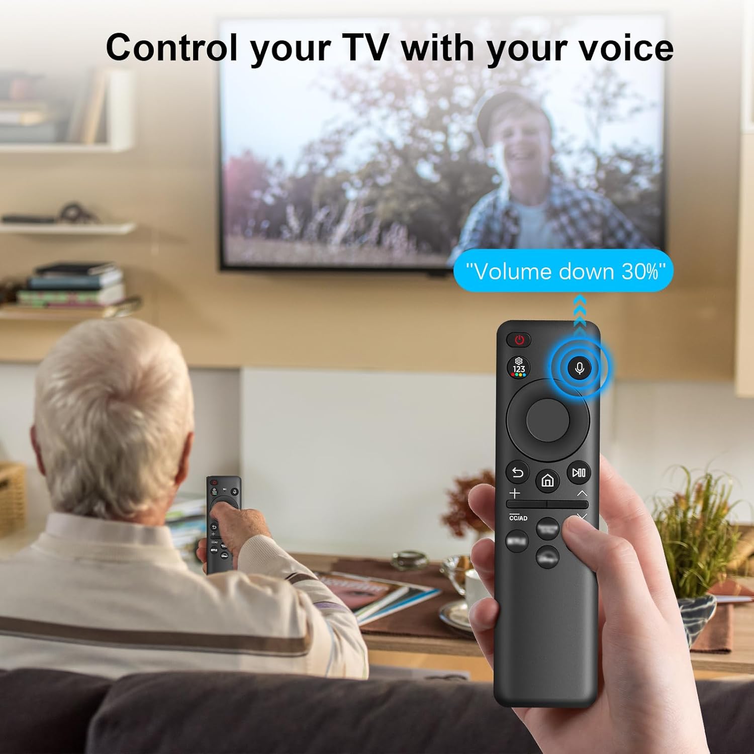 Person using voice control on the remote