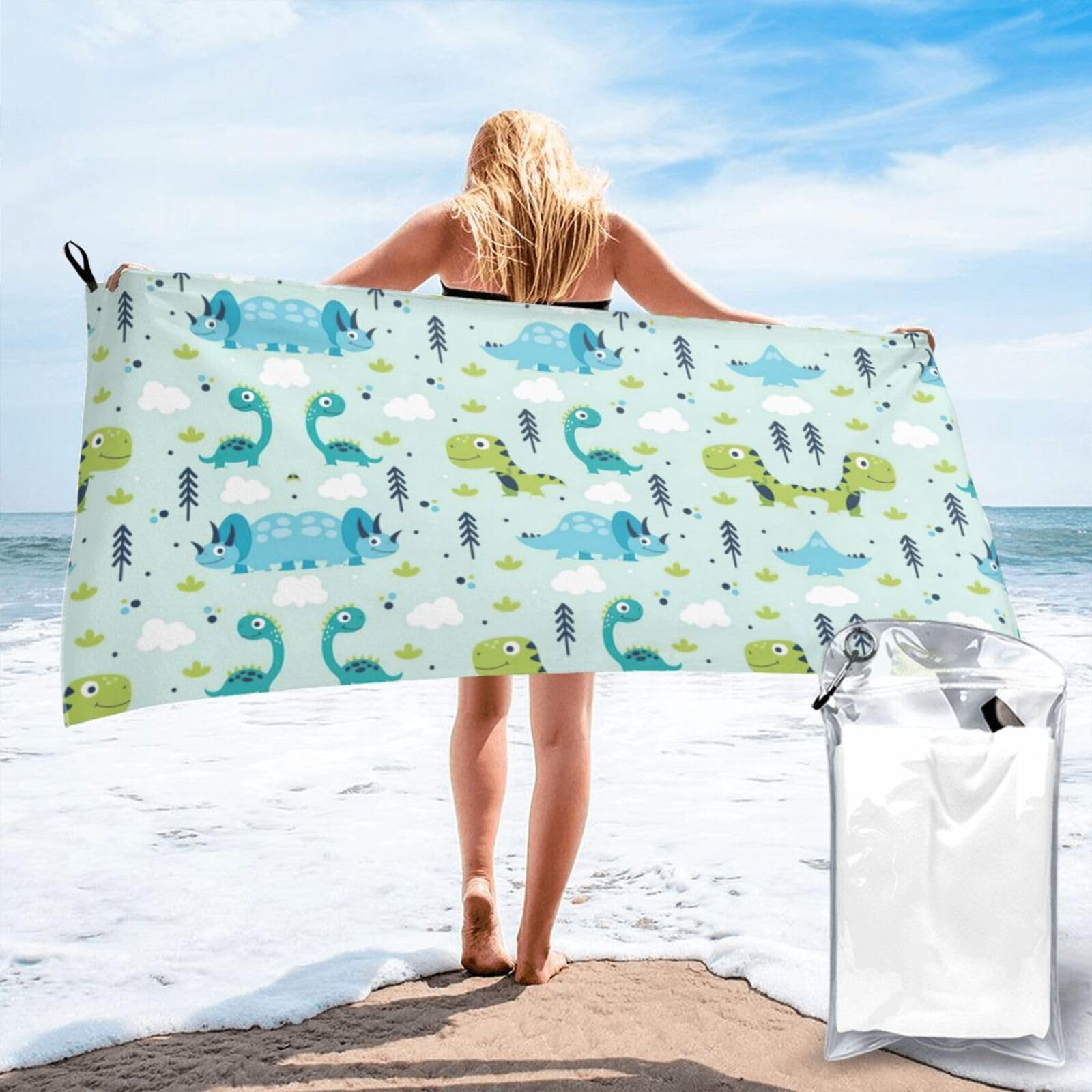 VCzsdff Dinosaur Pattern Print Quick Dry Towel Compact Beach Shower Wrap For Camping Fitness