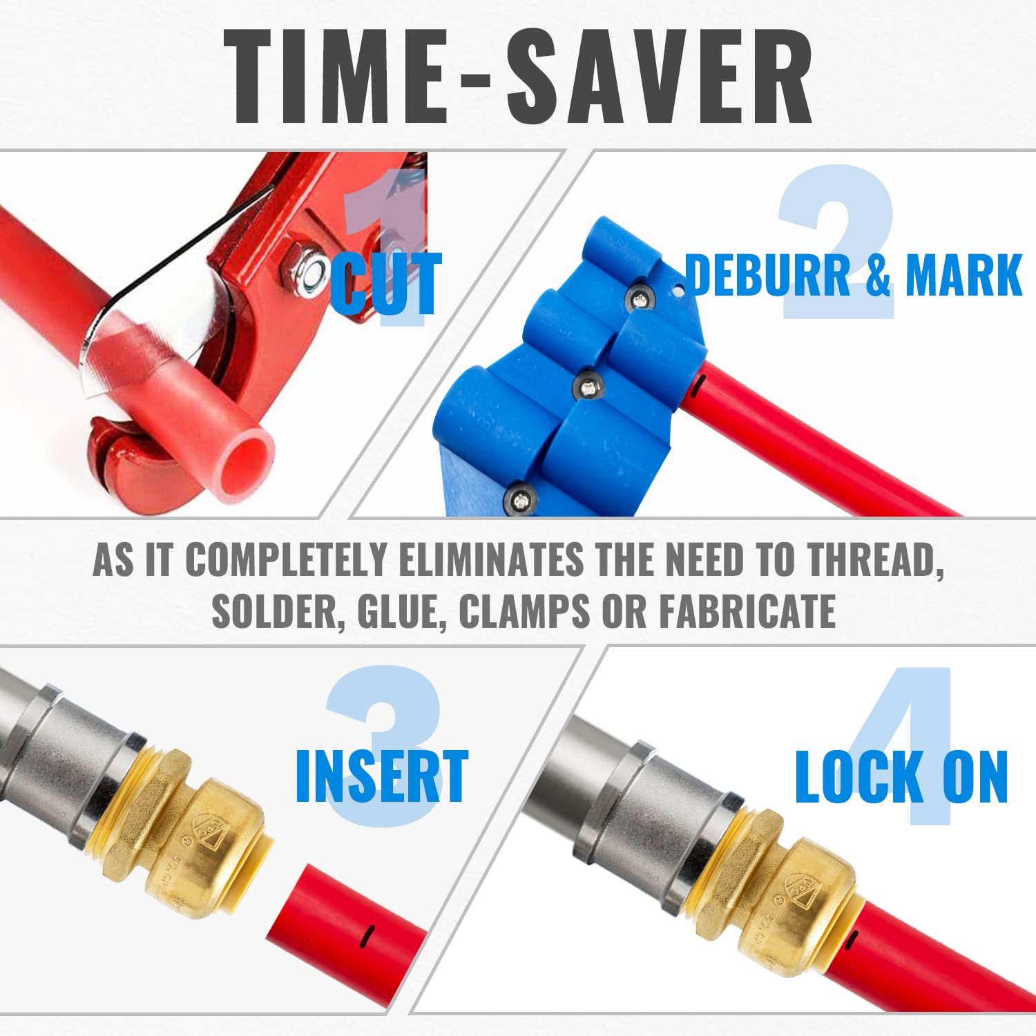 SUNGATOR Adaptador reductor NPT macho de 1/2 pulgada x 3/4 pulgadas, accesorios de fontanería de latón sin plomo para conectar PEX, cobre, CPVC, con un clip de desconexión y una cinta de sellado,