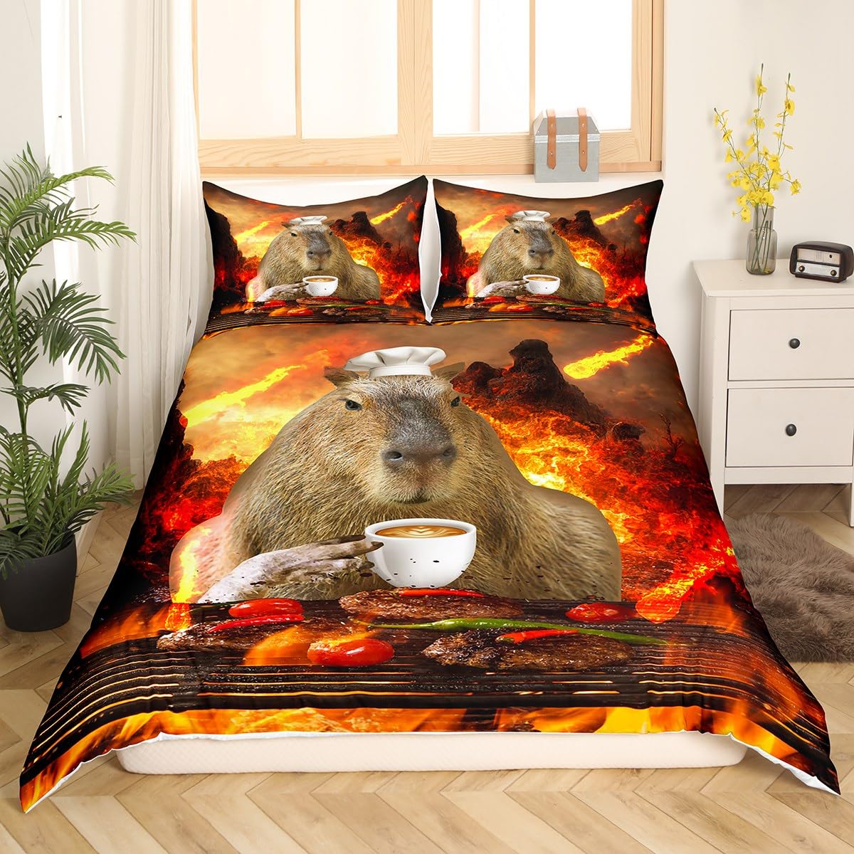 Capybara Beddengoed Dekbedovertrek Set Kinderen Dieren Liefhebbers Beddengoed Set Geschenken voor Capybara Liefhebbers Dekbed Cover Set voor Kamer Decor Vuur Gebraden Vlees Rood Sprei Cover Met 2