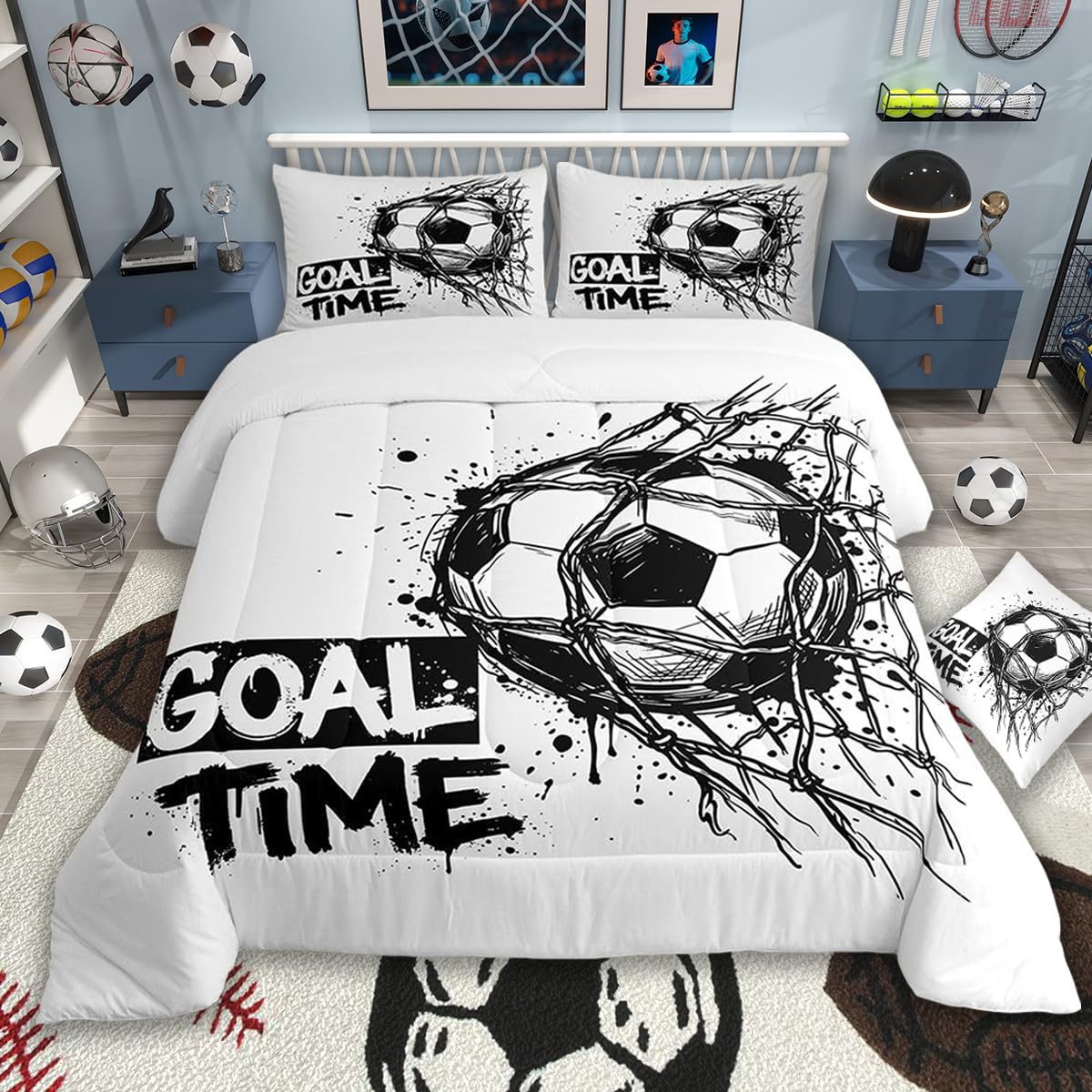Feelyou Soccer Comforter Set All Season Football Sports Bedding Set with 2 Pillow Cases Soccer Ball Game Microfiber Kids Queen Bedclothes Bedroom Decor Duvet Quilt Breathable Soft Lightweight
