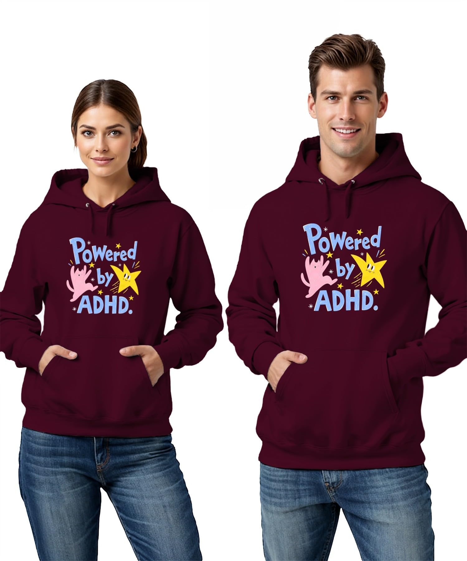 Powered by ADHD kot gwiazda statement bluza z kapturem | Sarkazm Koncentracja Nadpobudliwość Zdrowie Mental Health Awareness Dzieci Szkoła Pastelowe Ręcznie rysowane Kotek Gwiazdka