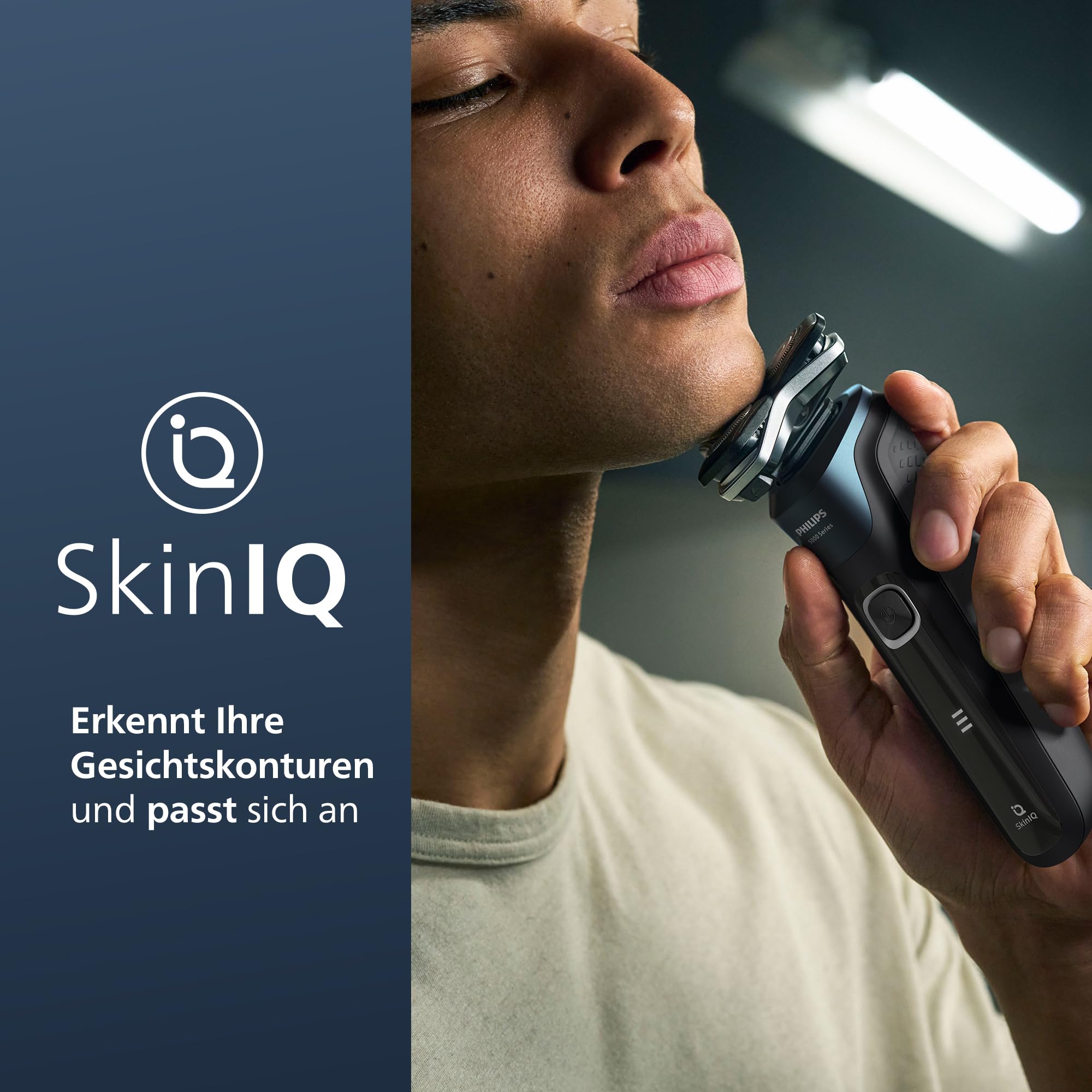 Philips Shaver 5000 – Elektrischer Rasierer für Herren: Nass- und Trockenrasur mit SkinIQ Technologie, ausklappbarer Trimmer, Transporttasche, Reinigungsstation, Elektrik-Blau (S5889/50)