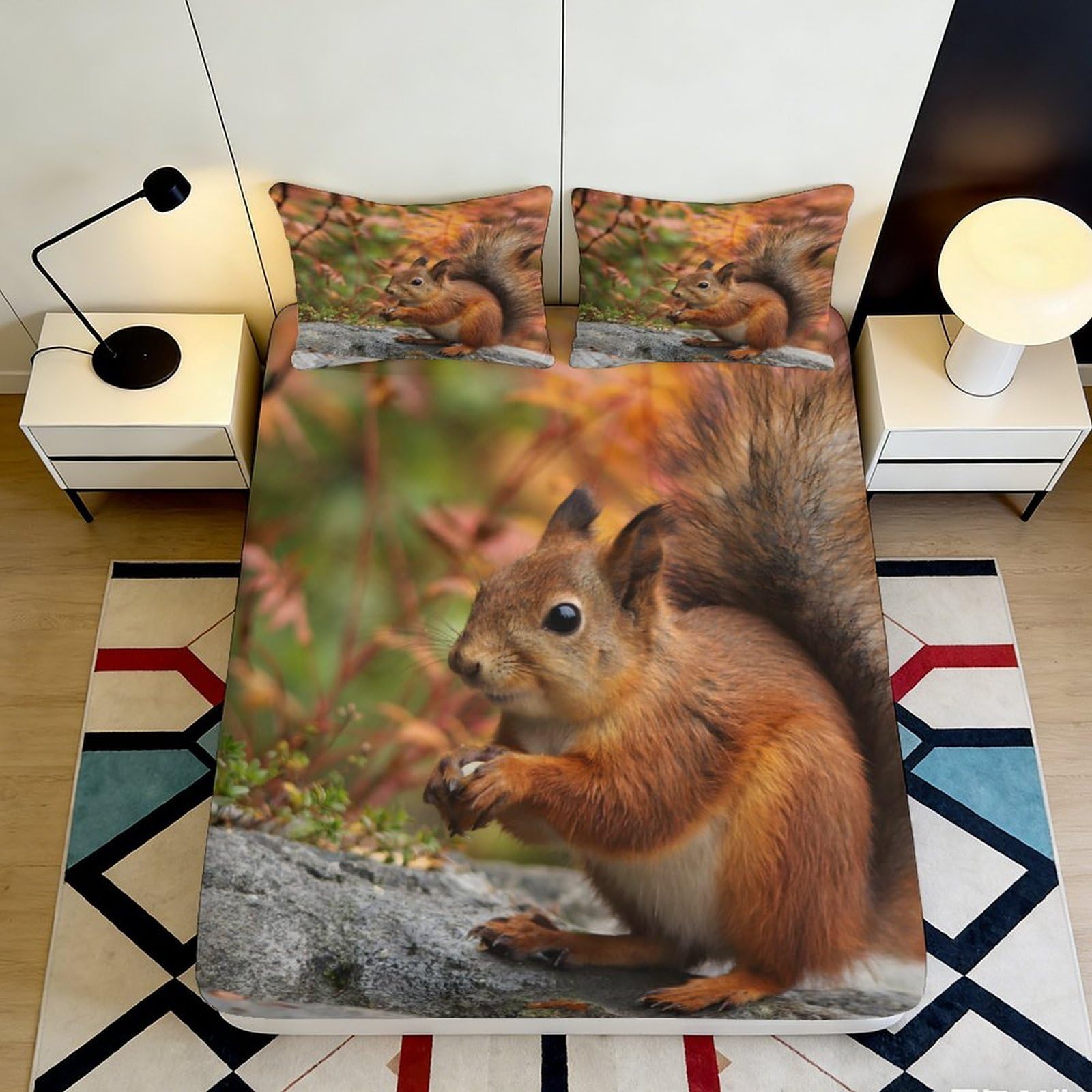 3D Printed Squirrel Forest Fitted Sheet Microfiber Soft Anti-Slip Autumn Leaves Bed Cover for Bedroom Dorm Mattress Decor 90x200x25cm