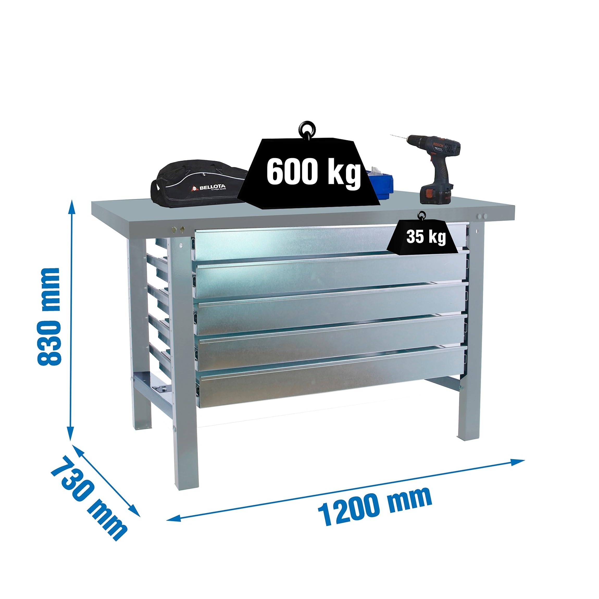 Simon Rack Mesa de Trabajo Taller con 5 cajones 1200x730 mm - BT6 | Tablero Metal, Capacidad Carga 600 kg, Gris, Pintura anticorrosión