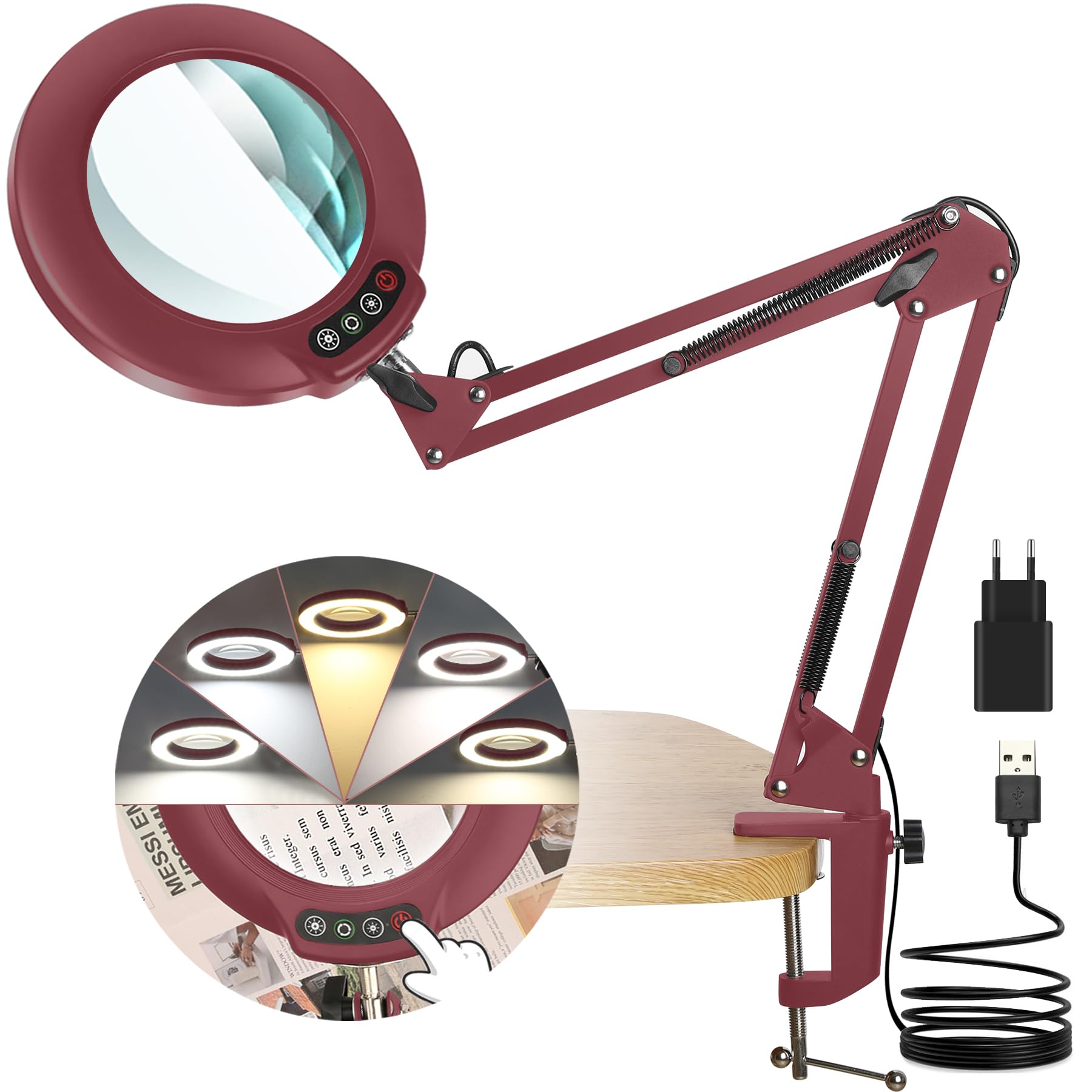 Veemagni Lot de 10 loupes en verre véritable avec lumière, 5 modes de couleur, intensité variable en continu, bras pivotant réglable, lampe loupe éclairée LED avec pince, loupe mains libres, avec