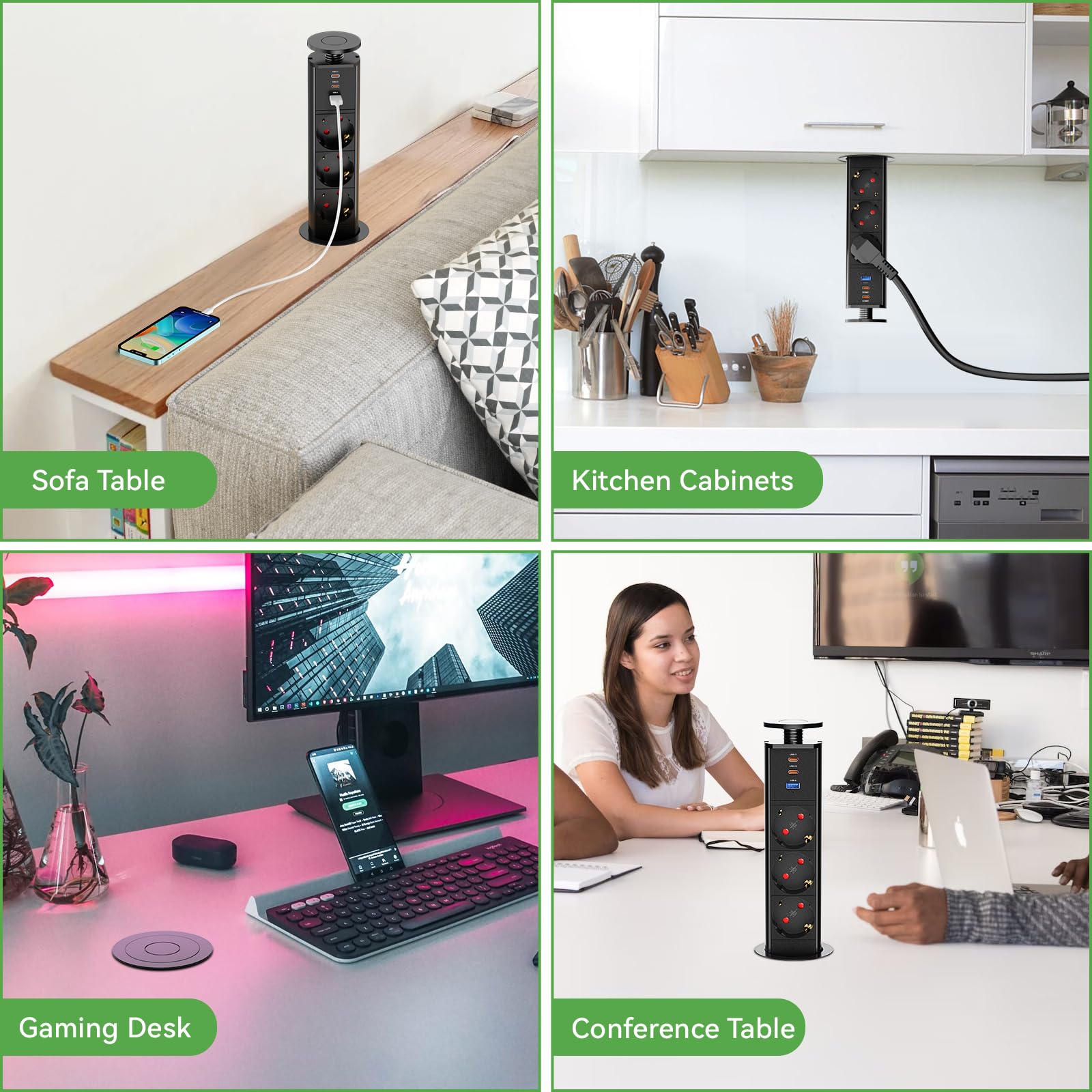 HANNELORE Presa da tavolo retrattile USB C, presa da tavolo a 3 vie con 2 USB, presa multipla integrata per piano di lavoro, ufficio, cucina, officina, cavo da 1,8 m, 4000 W/16 A, nero