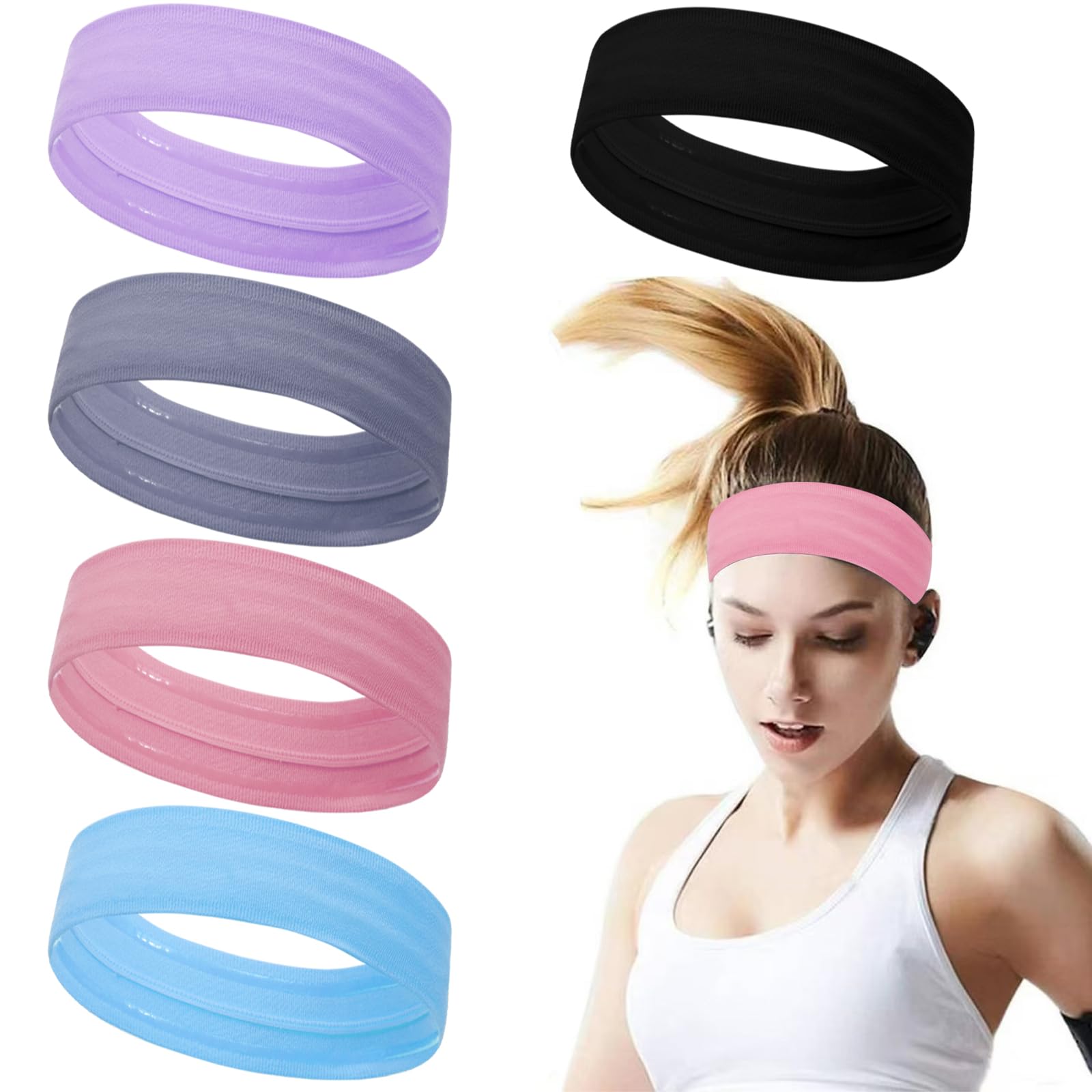 ONEYE Workout Headbands for Women,Sports Sweat Band Non Slip,5PCS