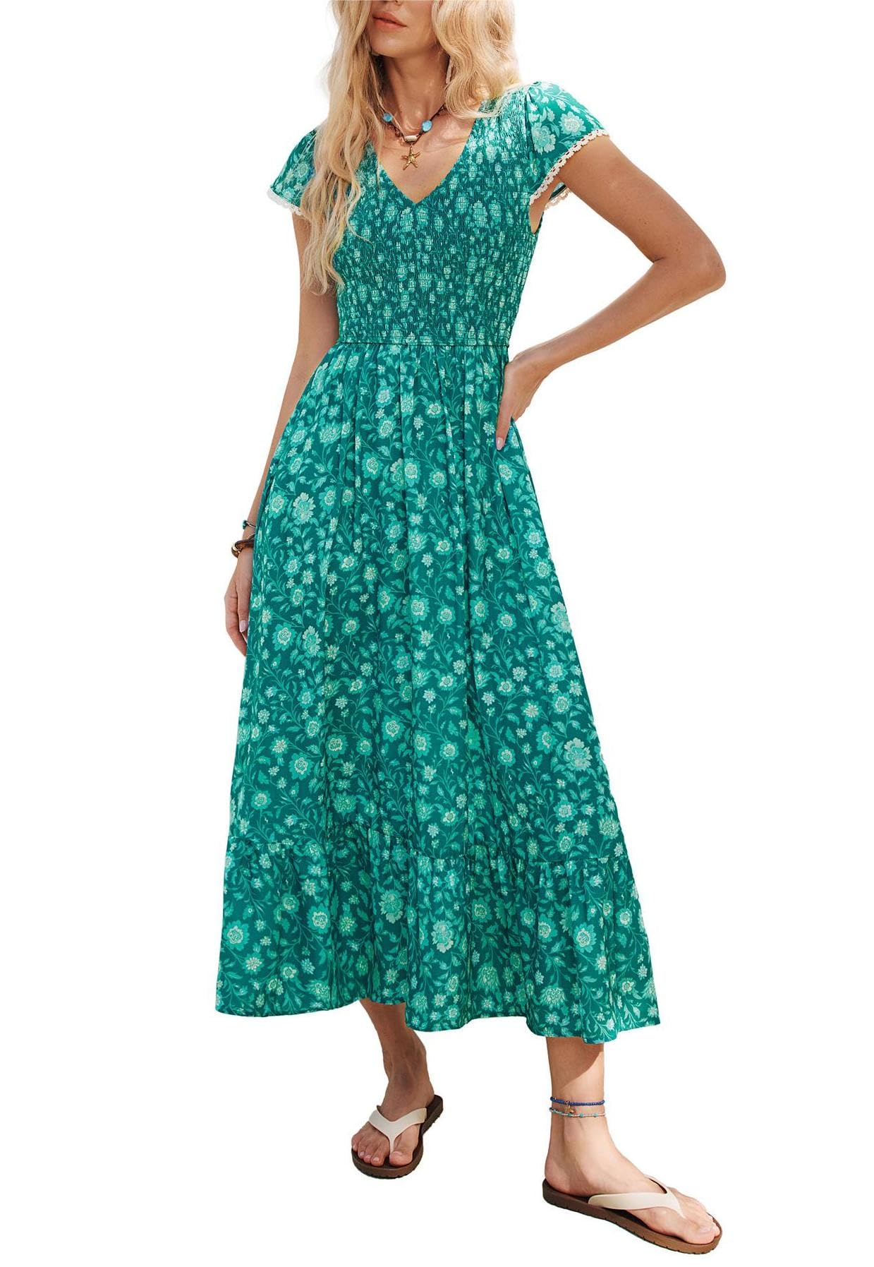 Kate Kasin Women's Green Floral Flowy Boho Dress Elastic Smocked Casual Maxi Dress Ruffled Summer Beach Vacation Sundress M