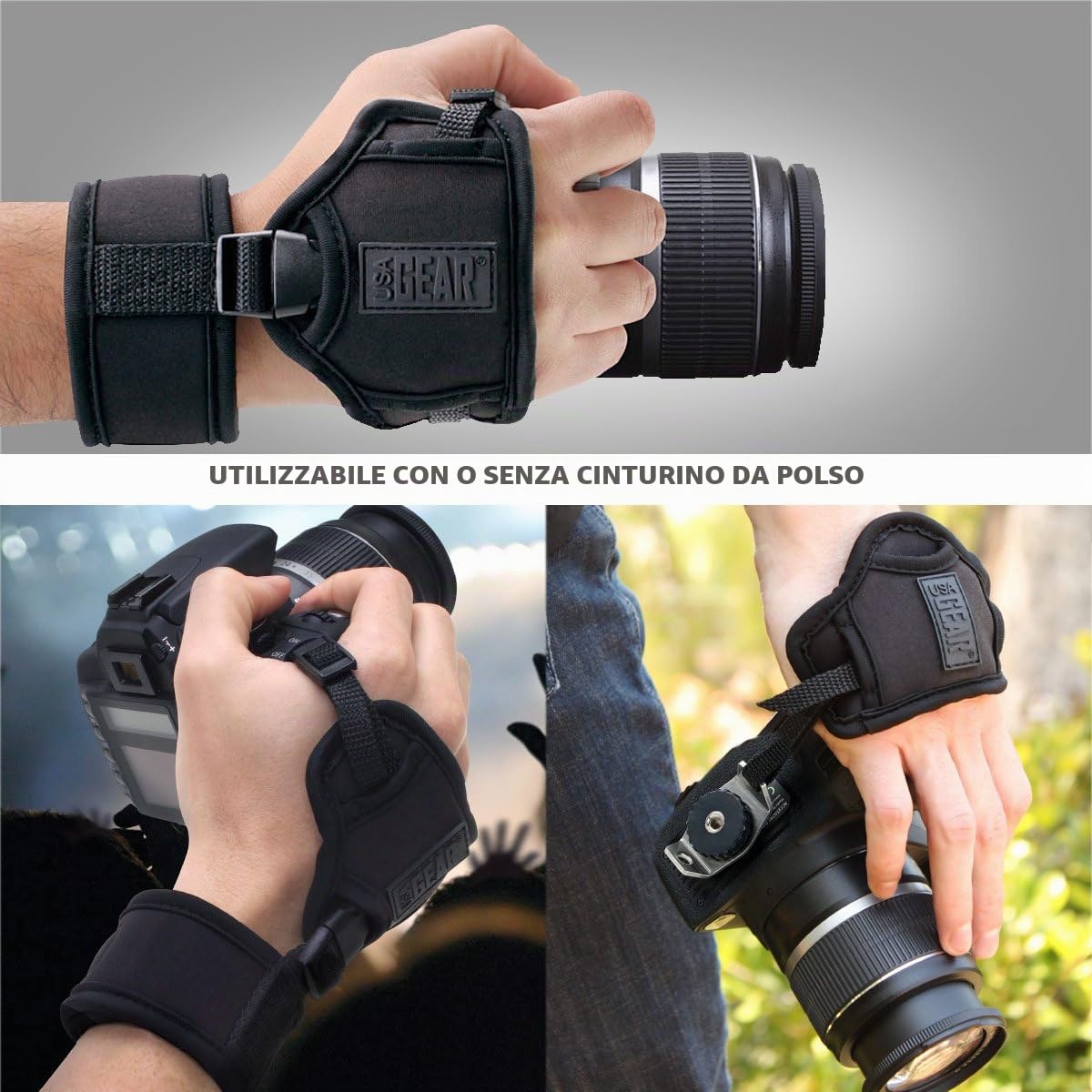 USA Gear Cinturino imbottito per fotocamera SLR/DSLR con impugnatura e cinturino per fotocamera funziona con Canon EOS 1300D, 100D, Nikon D3300, Pentax, Pansonic e altri
