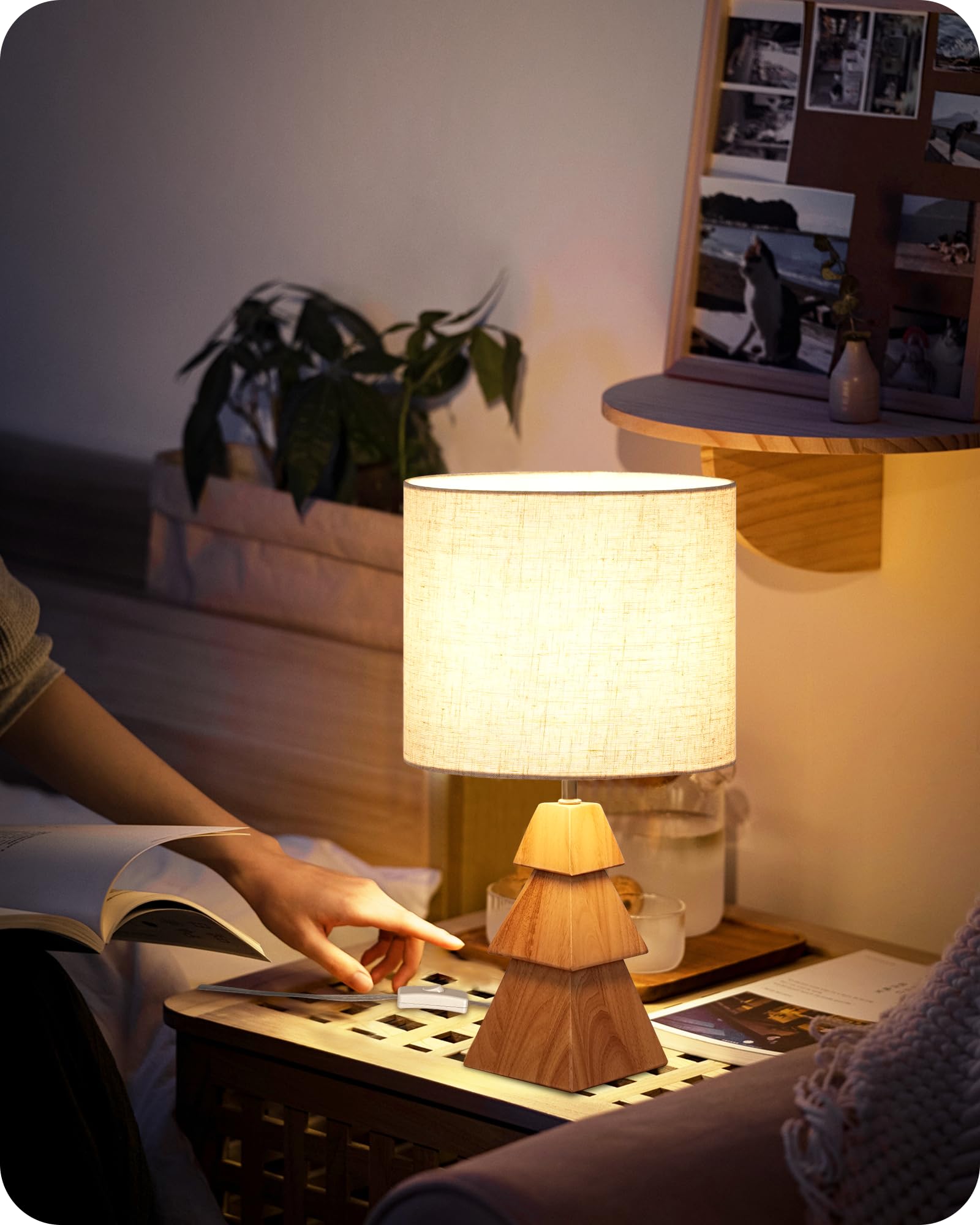 GOEBLESON Small Table Lamp, Wood Desk Lamp with Tree-Shaped Base & Linen Lampshade, Bedside Lamp with Cable, E27 Base - Image 3