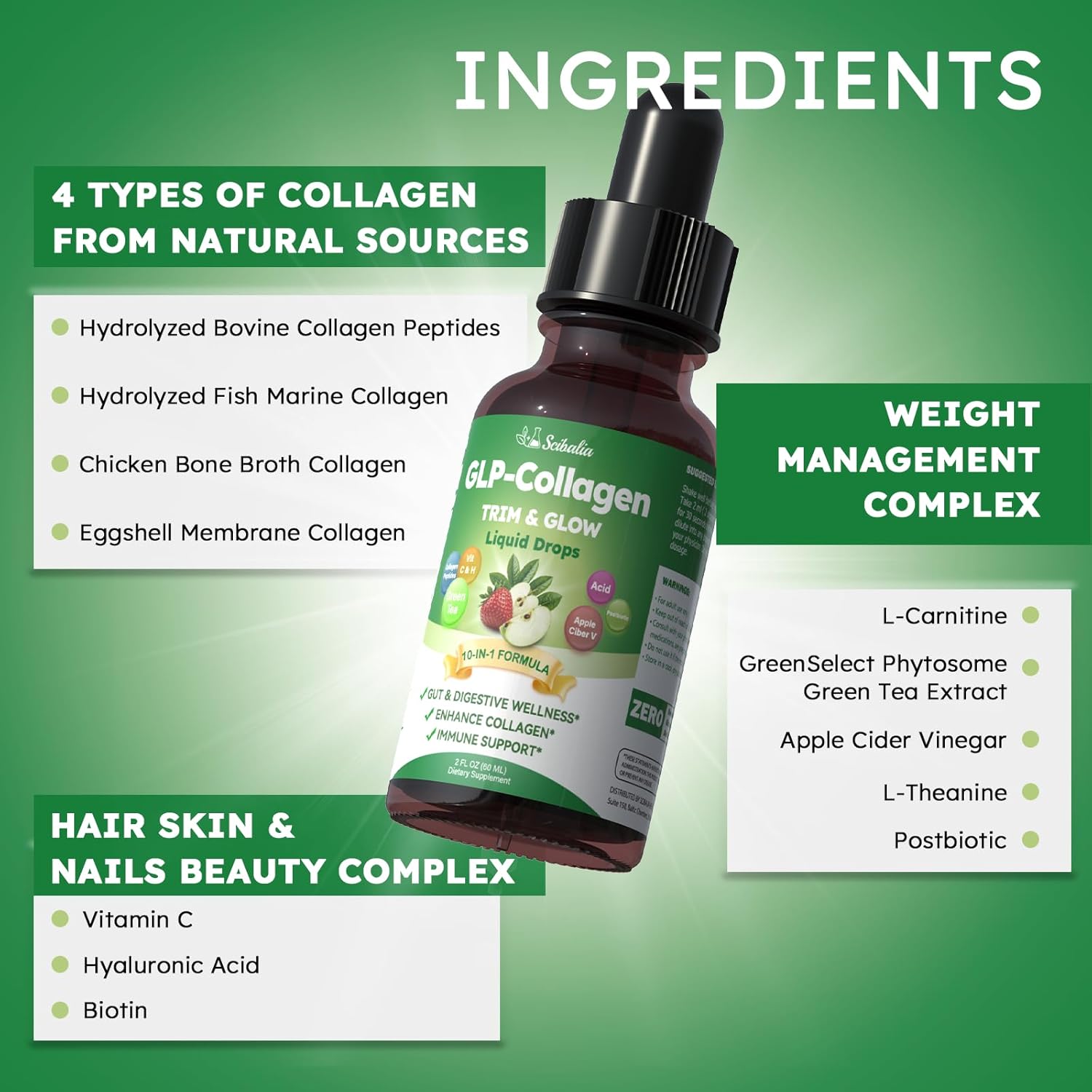Liquid Collagen for Women, GLP Friendly 10-in-1 Multi Collagen Trim & Glow with Hyaluronic Acid Biotin Green Tea & ACV, Hydrolyzed Collagen Burn Drops for Digestive Gut Skin Health & Hair Growth