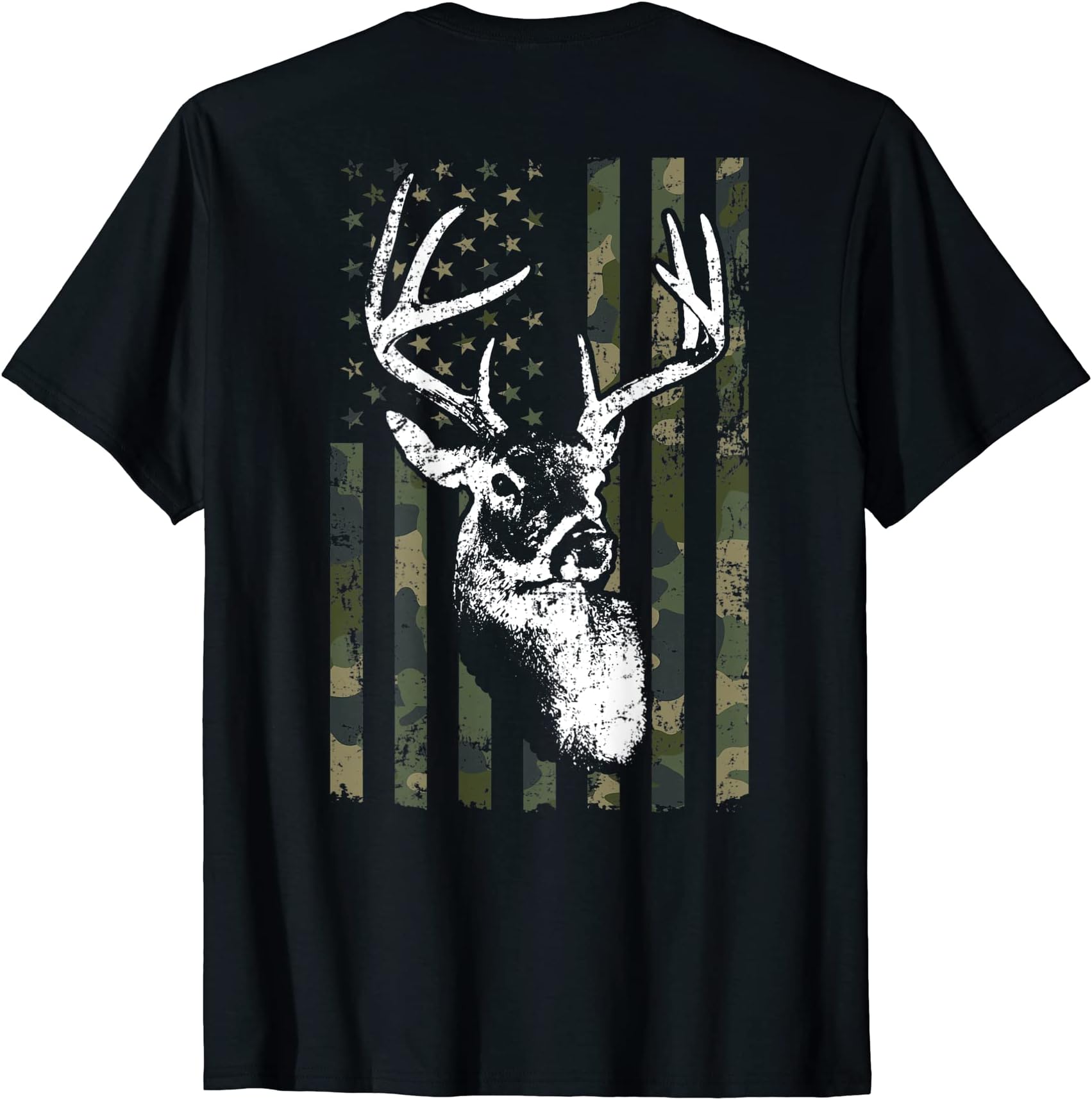 Whitetail Buck Deer Hunting Hunter ApparelWhitetail Buck Deer Hunting USA Camouflage Flag - ON BACK T-Shirt