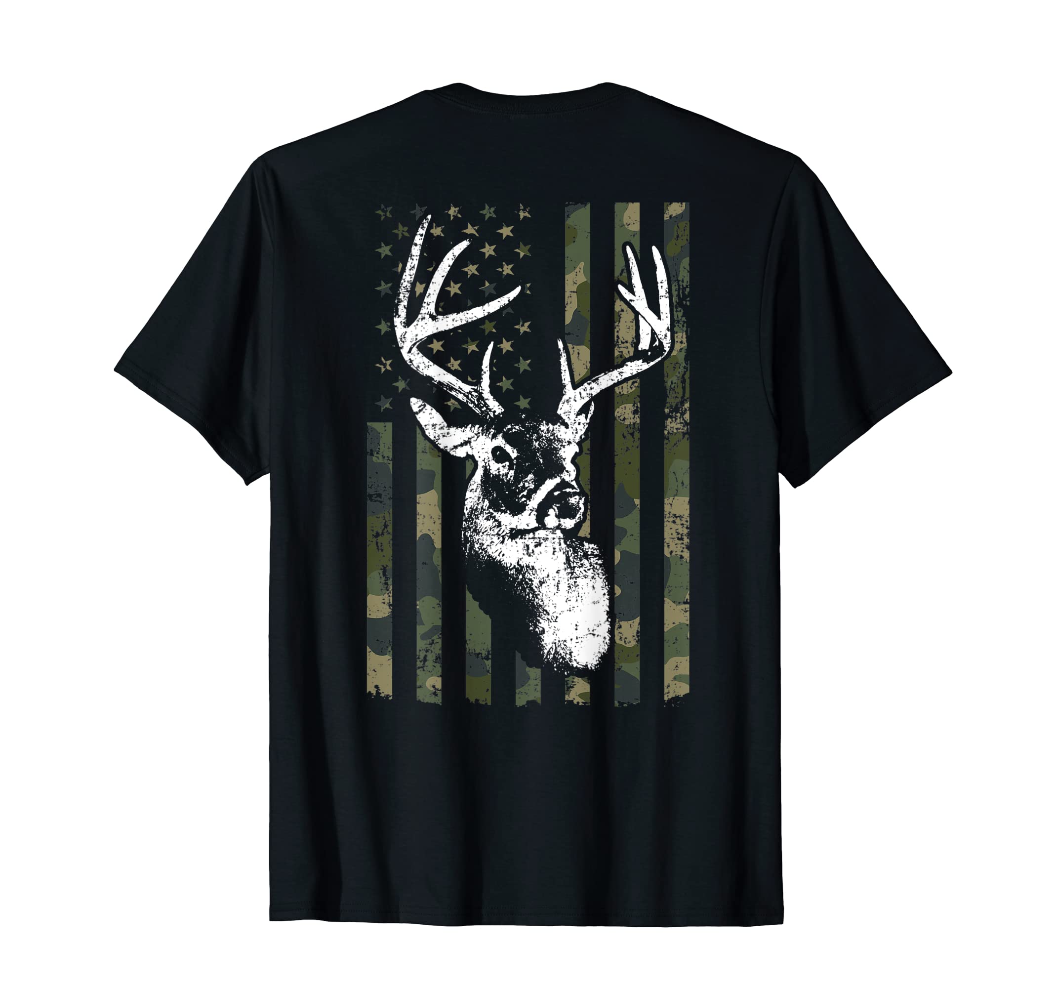 Whitetail Buck Deer Hunting Hunter ApparelWhitetail Buck Deer Hunting USA Camouflage Flag - ON BACK T-Shirt