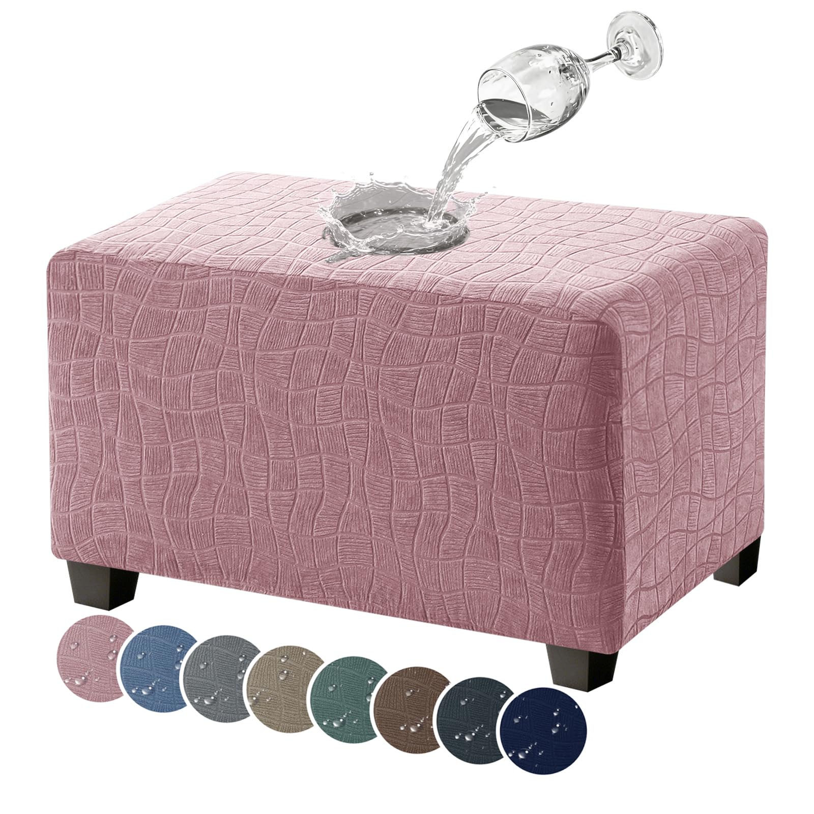 Photo 1 of MAXIJIN Waterproof Ottoman Cover Rectangle Stretch Ottoman Slipcovers Square Thick Stool Covers Storage Footrest Furniture Protector with Non-Slip Elastic Bottom (Large, Dusty Pink)