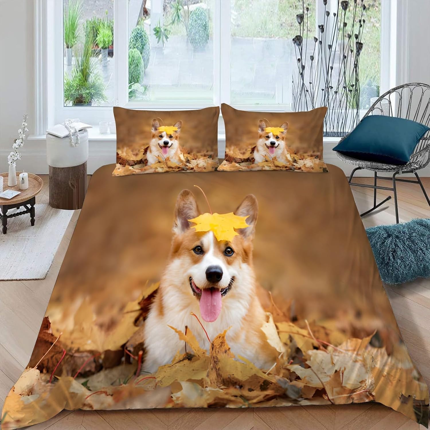 Housse de Couette 240 x 220 Chien Corgi et Feuilles d'Automne en 3D Douce