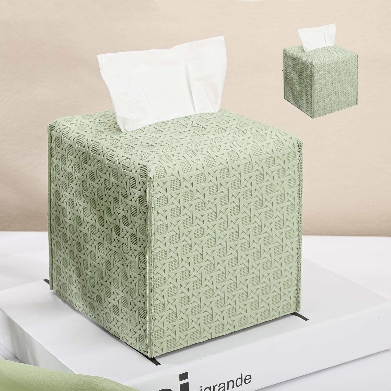 HOMOTEK 2 Pack Tissue Box Cover, Square PU Leather Tissue Holder, Decorative Facial Tissue Cube Paper Organizer Dispenser for Bathroom, Night Stands, Desk, Car 5X5X5'' - Rattan Weave,Mint Green