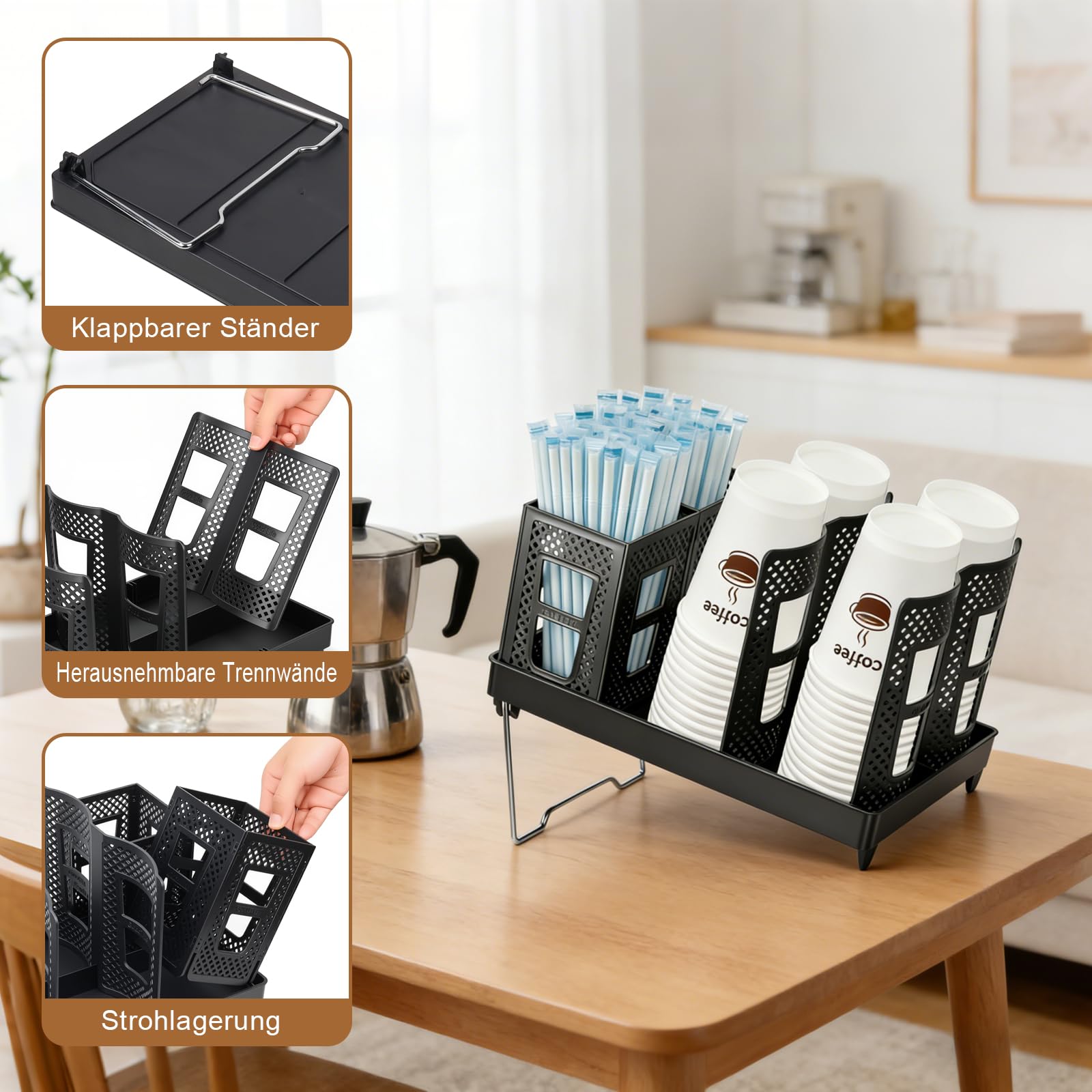 Tassen- und Deckelhalter, Kaffeebecherhalter mit Strohhalm-Aufbewahrungsbox, 6 Fächer Einweg Tassenspender, Einweg Kaffeetassen Organizer für Kaffeestation, Bar, Zuhause, Büro