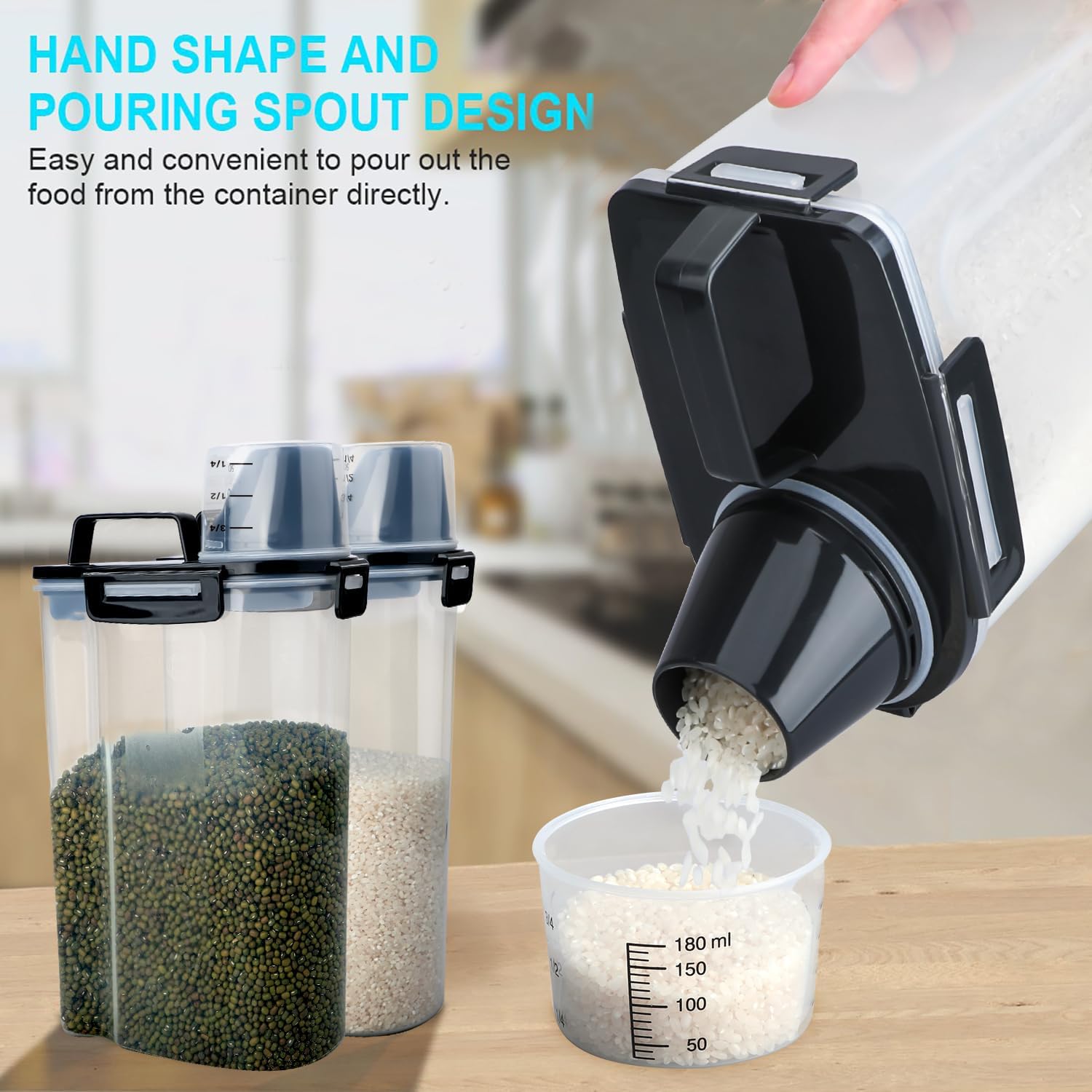 Rice Airtight Dry Food Storage Containers, BPA Free Plastic Storage Bin Dispenser with Pourable Spout, Measuring cup for Cereal, Flour and Baking Supplies, Include a Stainless Steel Whisk - Image 2