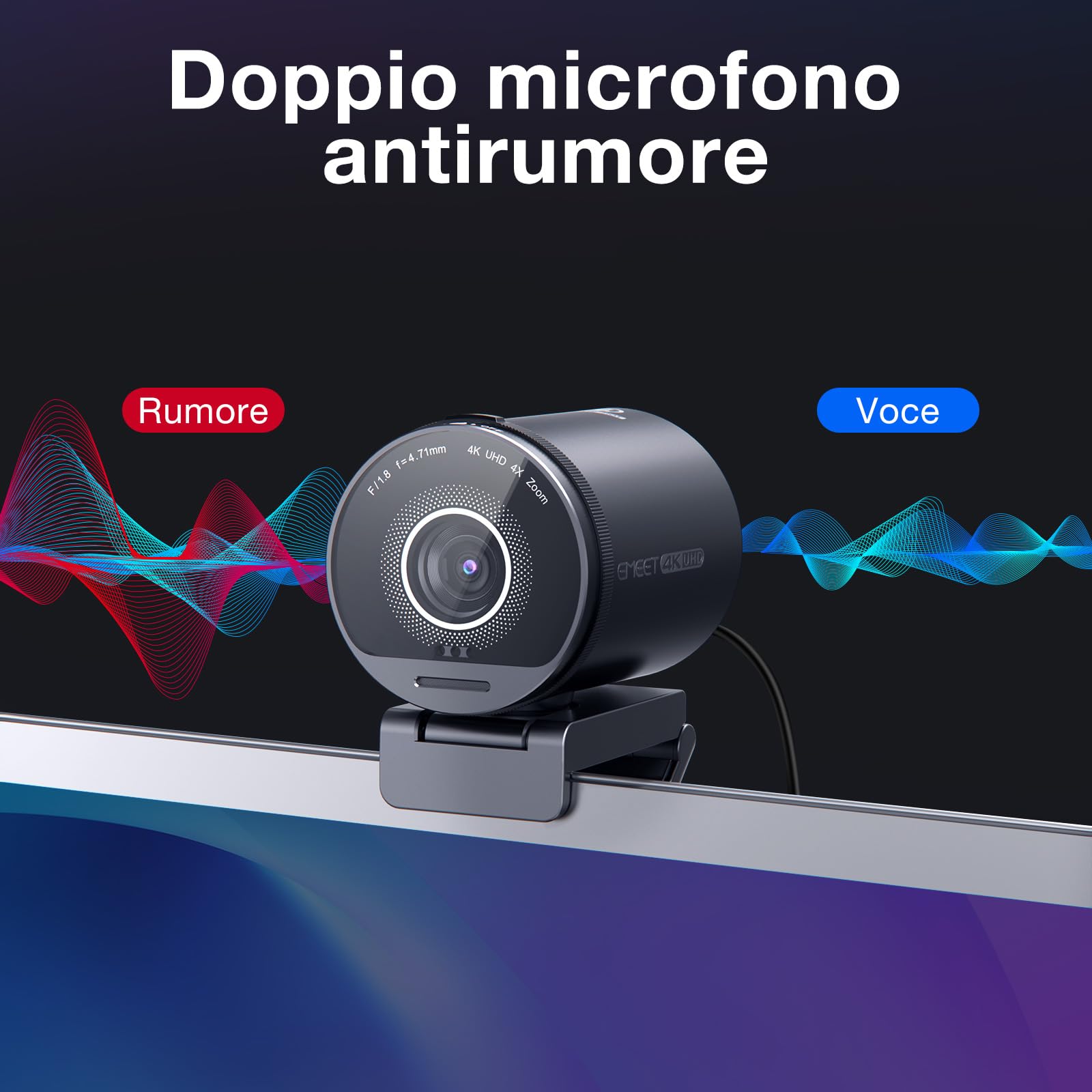 EMEET Webcam 4K S800, Webcam Ultra 4K con 2 Microfoni con Riduzione del Rumore, Campo Visivo 73°, Correzione della Luce, Copertura Privacy, 1080p@60FPS HDR, Web cam 1080p per Live Streaming
