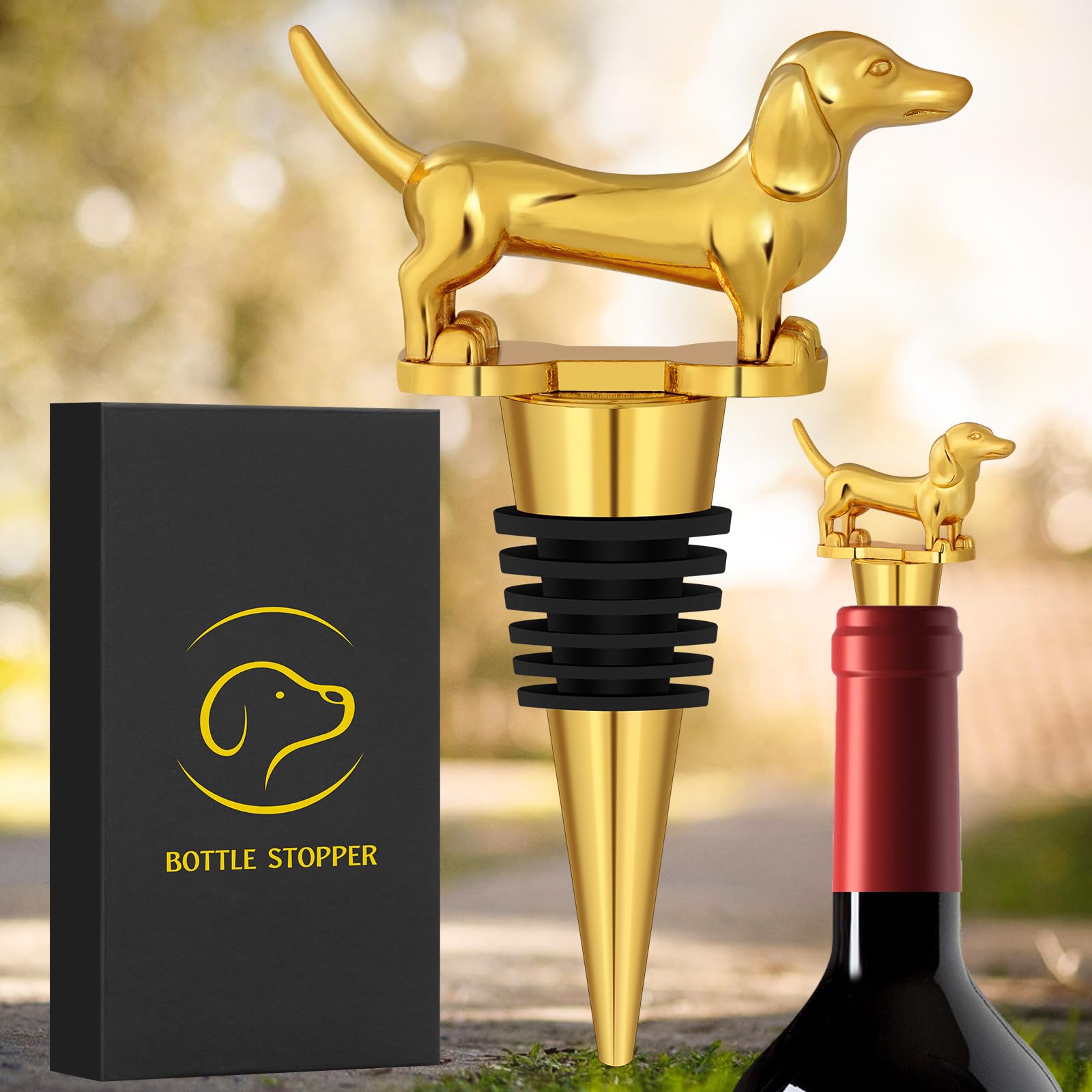 LKKCHER KKCHER Dachshund Wine Stopper, Wine Gifts Wiener Dog Gifts for Women Men Dad Dog Lovers, Bottle Stoppers for Wine Champagne, Birthday Gifts, Gold