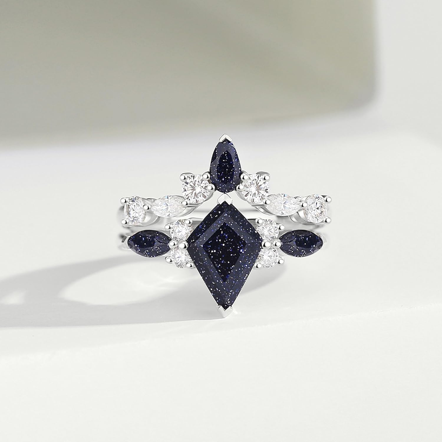 Personalized 925 Sterling Silver Engagement Rings, Kite Cut Blue Sandstone Ring for Her Womens Bridal Ring Set, Wedding Ring Set Anniversary Bands Sets of 2.
