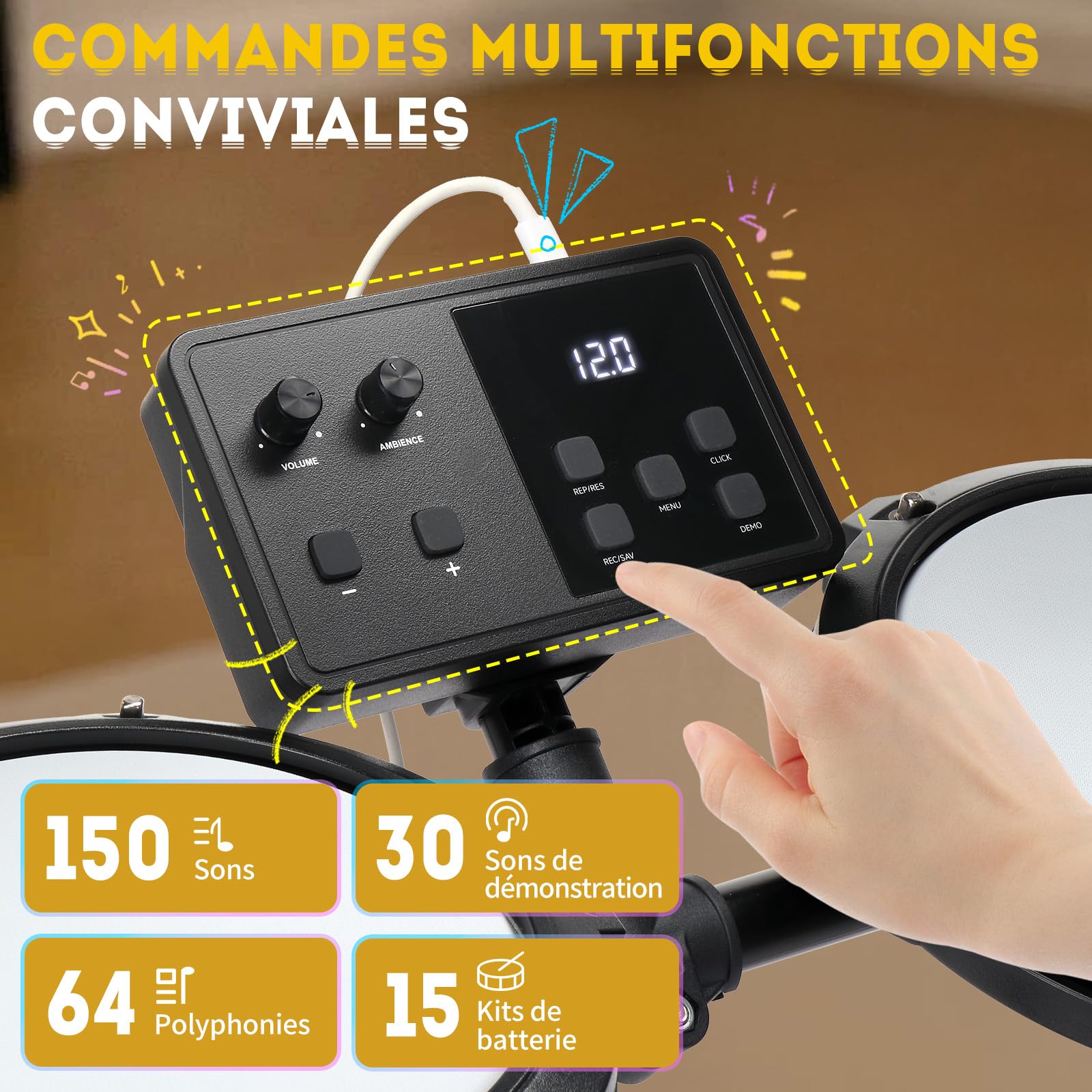 LEADZM Batterie Électronique Débutant Professionnelle, Kit de Batterie Numérique 6.5 in avec Baguettes et Trône de Tambour, 15 Sets de Batterie, 150 Sons, 10 Demo Songs, USB MIDI