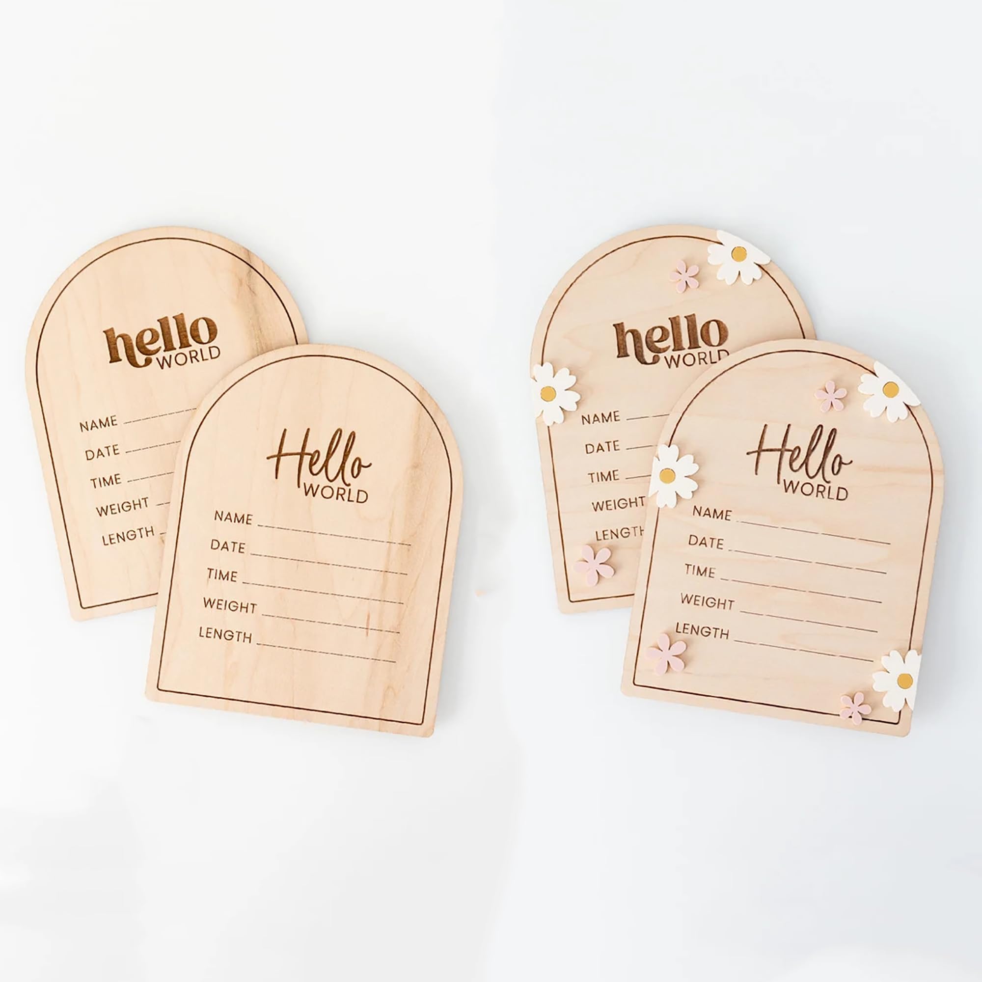 Cliths Pack of 4 Wooden Baby Birth Stat Signs with Engraved “Hello World” Design, Floral and Basic Versions, Ideal for Newborn Keepsakes and Nursery Décor-image-27