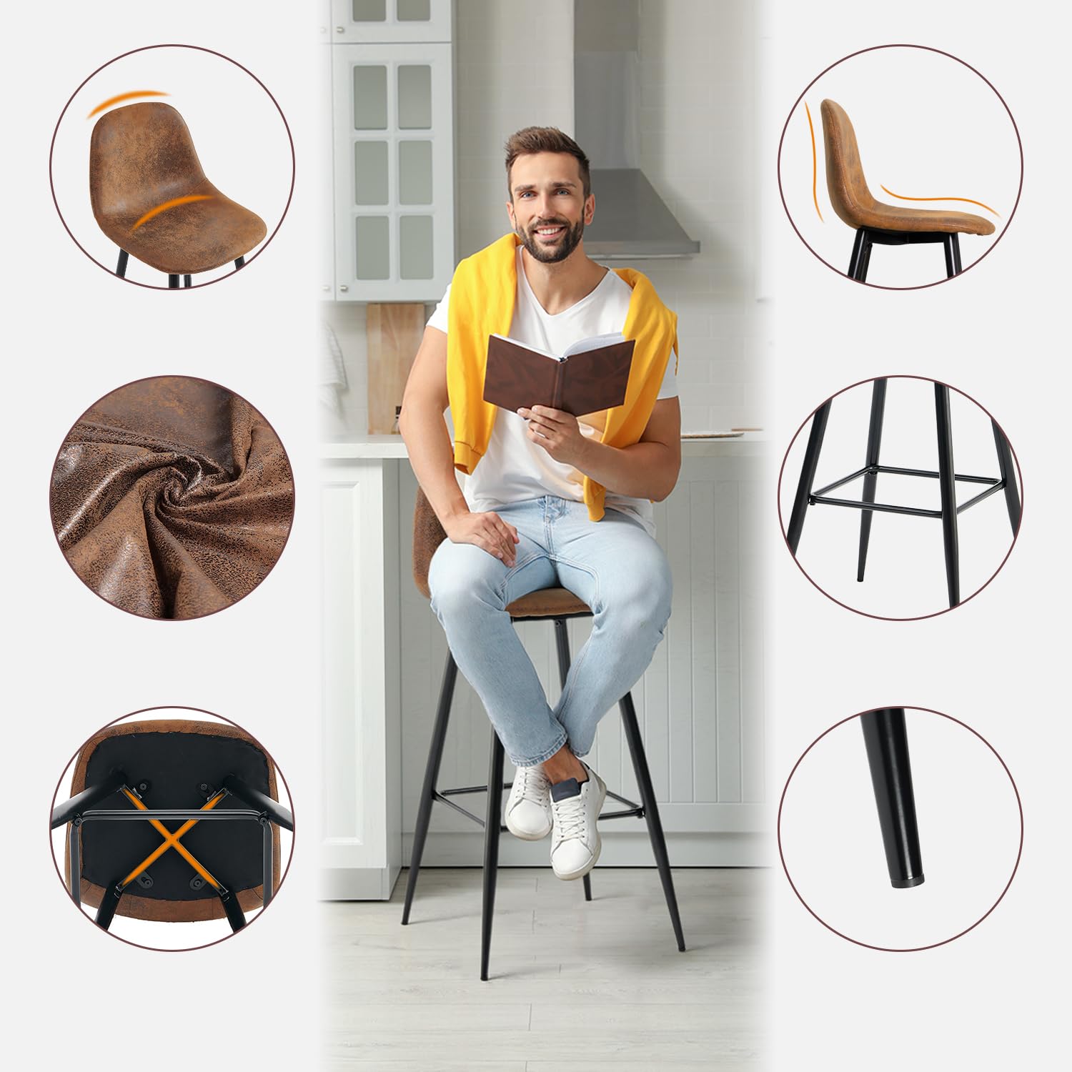 MEUBLE COSY Juego de 4 Taburete de Bar con Respaldo y Reposapiés Tapizados de Gamuza Vintage Industrial Asiento de 72,5 cm de Altura para Cocina, Bar, Comedor, Marrón