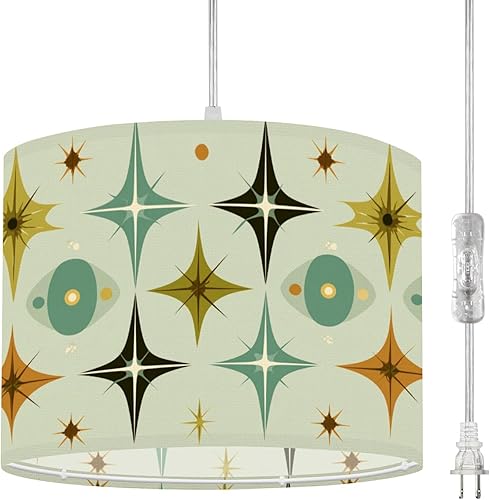 Boho Plug in Pendant Light Mid Century Vintage 1950s Modern Retro Atomic Geometric 16.4ft Plug in Cord Dimmable Hanging Lamp Fabric Lamp Shade