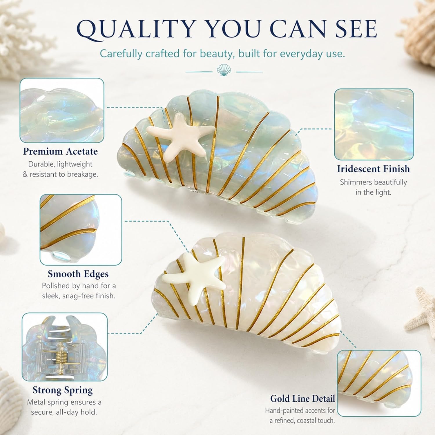 2 PCS Acetate Seashell Hair Clip, 3.5 Inch Non-Slip Beach Hair Clips, Strong Hold Summer Hair Accessories, Cute Mermaid Hair Clips Shell Hair Claws for Thick Fine Curly Straight Hair image 3