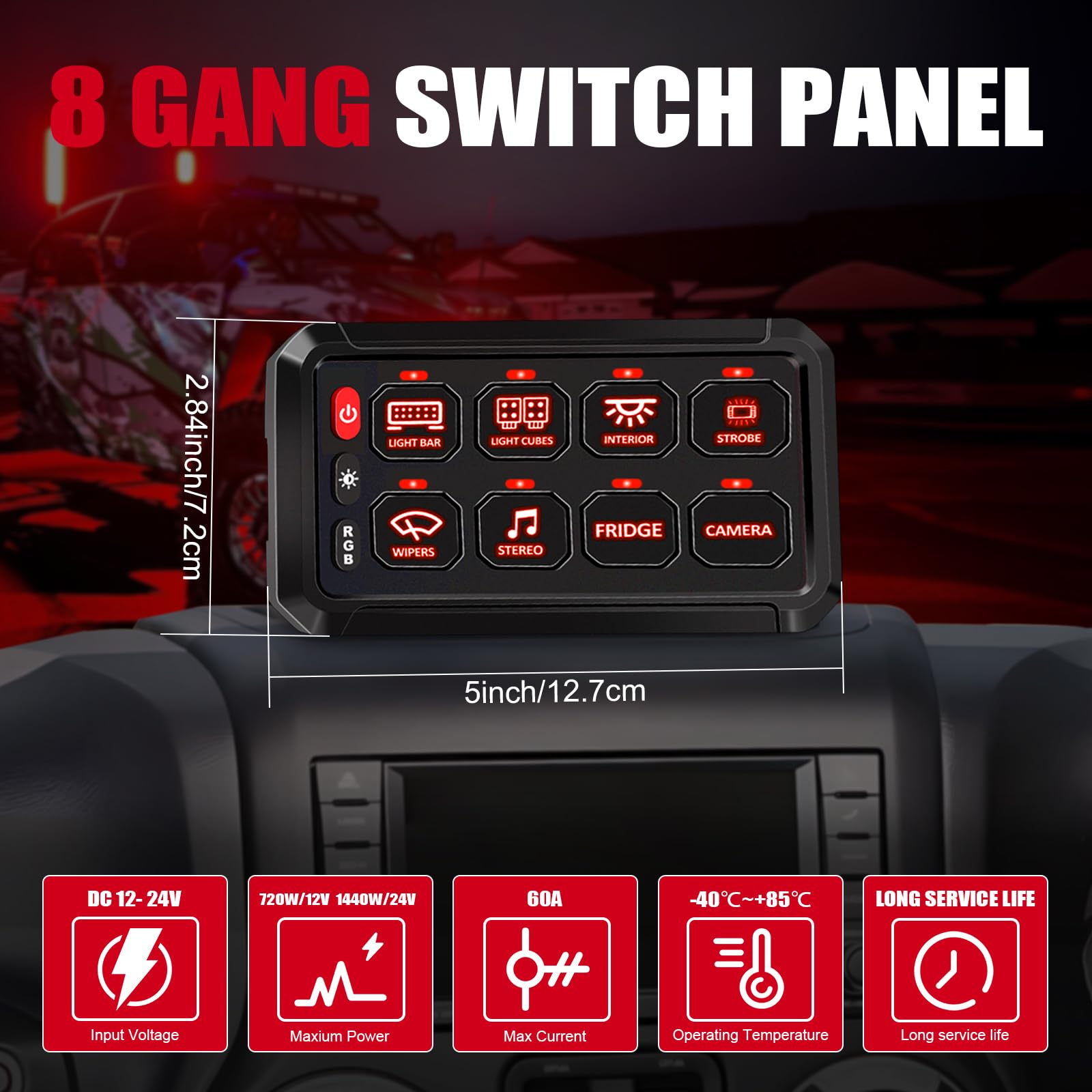 Panel przełączników P1 RGB, 8 przełączników ze sterowaniem aplikacją i chwilowym wyłącznikiem podświetlenia, 5-stopniowy obwód sterowania jasnością