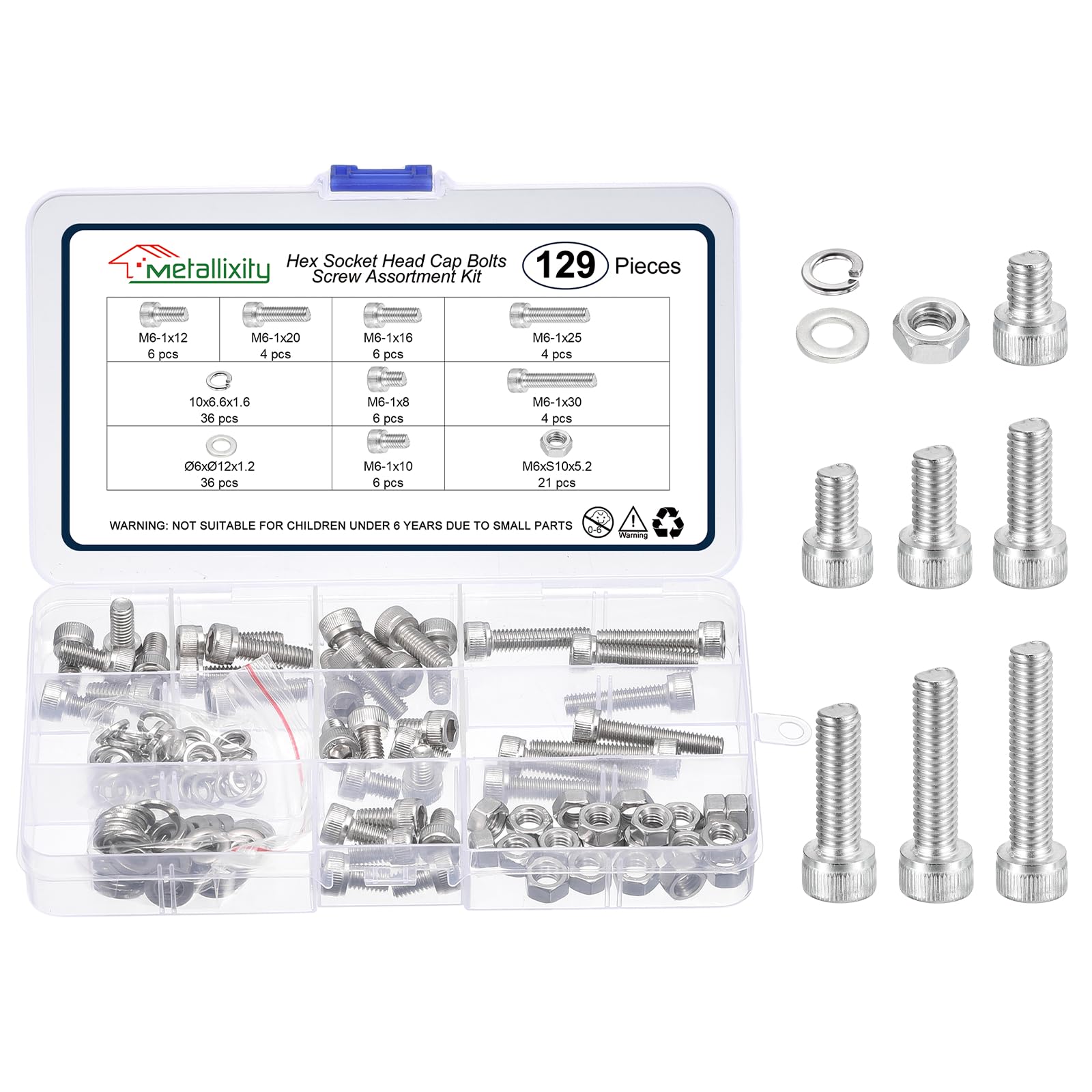 METALLIXITY Socket Head Cap Screws Kit (M6x8/10/12/16/20/25/30) 129Pcs, Stainless Steel Allen Socket Drive - Machine Internal Hex Screw, Silver — image 1