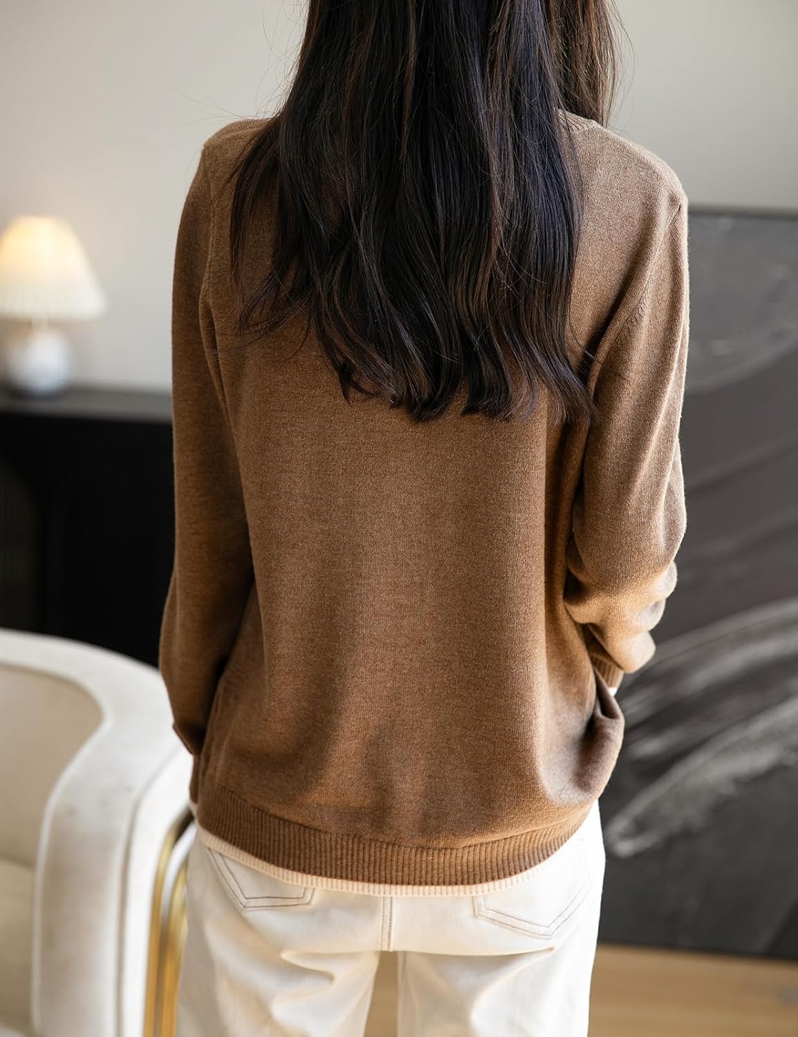 Women's Merino Wool Blend Cardigan 2025 Fall Winter Fake Two Piece Color Block Crewneck Long Sleeve Knit Sweater - Image 6