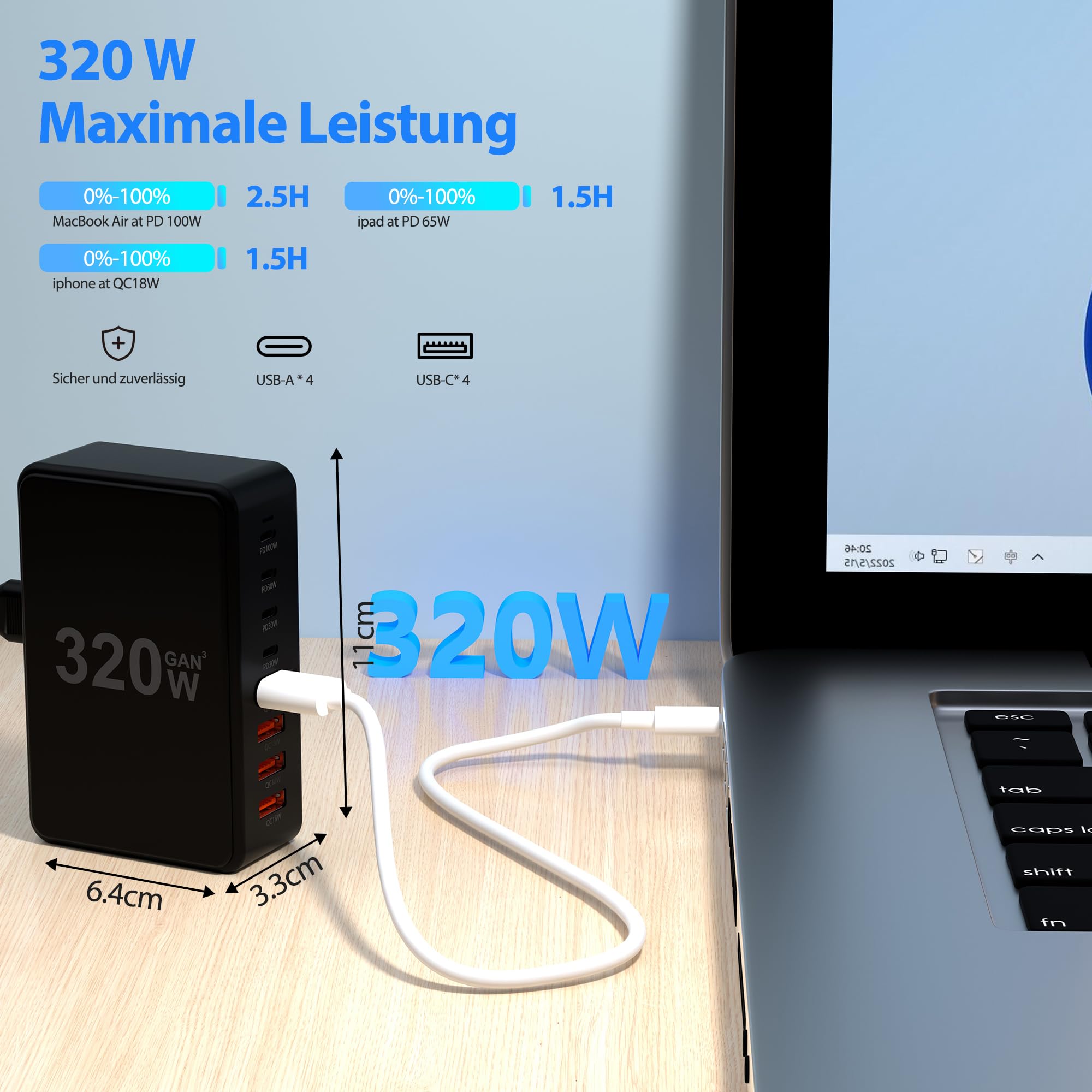 Cargador GaN De 8 Puertos 320W – 4 USB-C (100W Max) Y 4 USB-A, Carga Rápida PD PPS, Para MacBook, IPad, IPhone