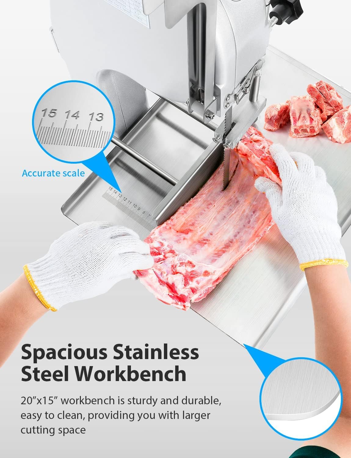 1500W Electric Meat Bone Saw Machine Bone Cutter Chop 0.8-5.9”Thickness, 2.6HP 110V Commercial Meat Band Saw for Butcher Cutting Frozen Meat into Slicer 20x15”Table Sawing for Chicken Fish Beef Tuna