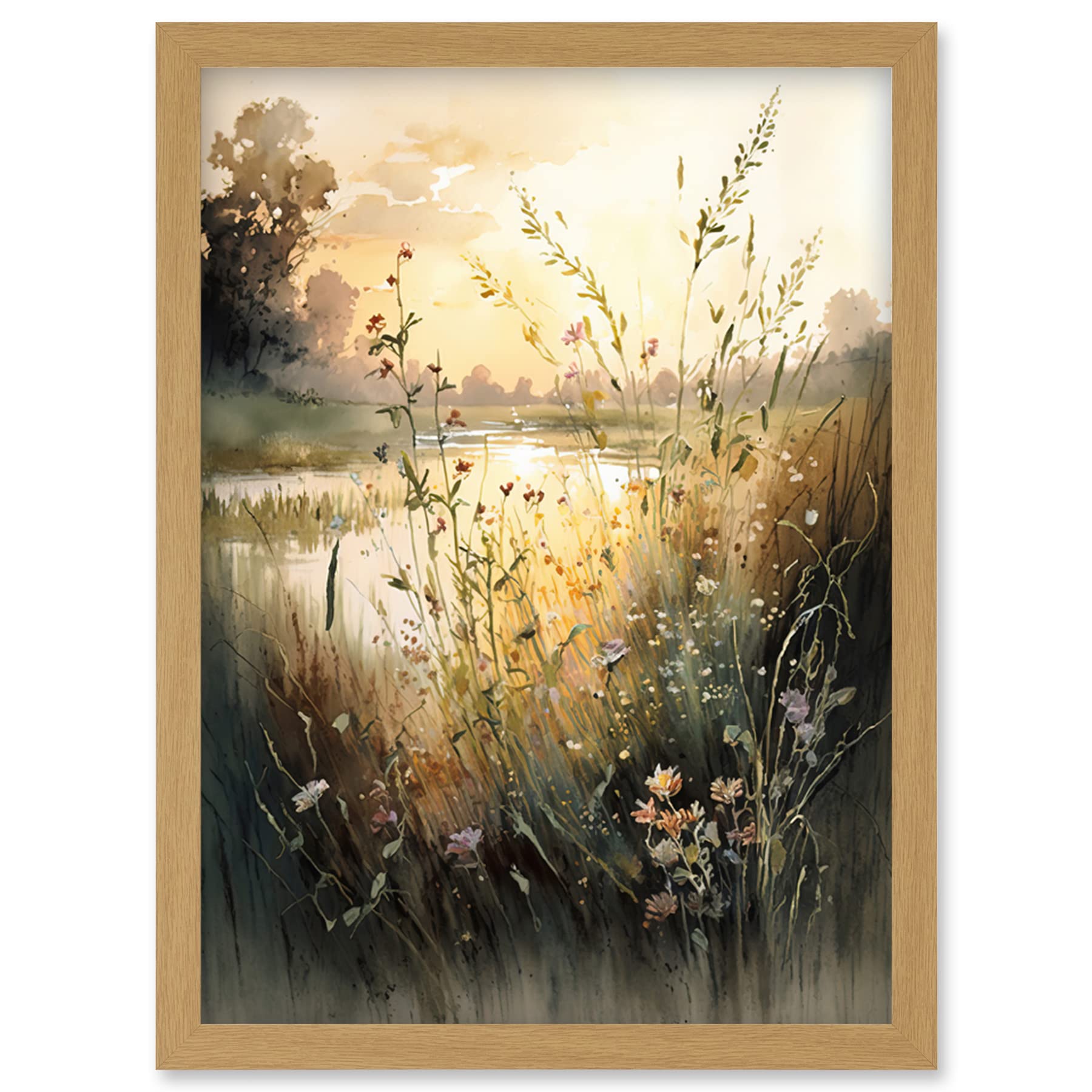Artery8 Serene Lakeside Landscape with Wildflowers at Dawn Modern Watercolour Painting Artwork Framed Wall Art Print A4