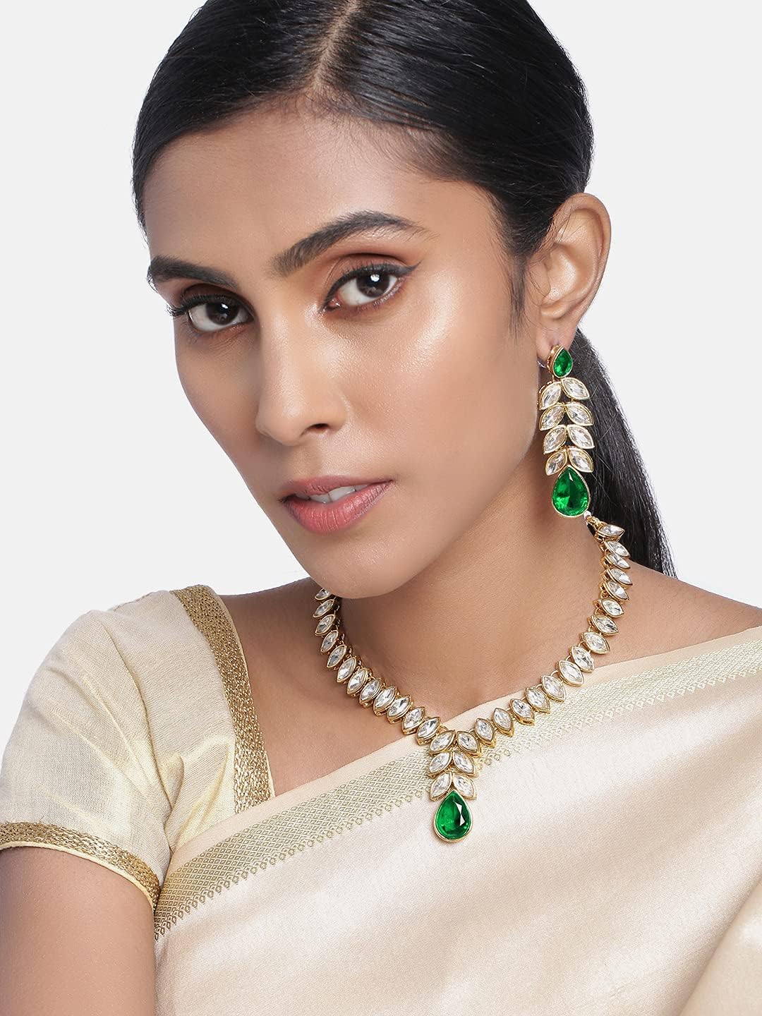 Aheli Gold Plated Traditional Crystal Studded Long Necklace Earrings Jewellery Set Gift for Women