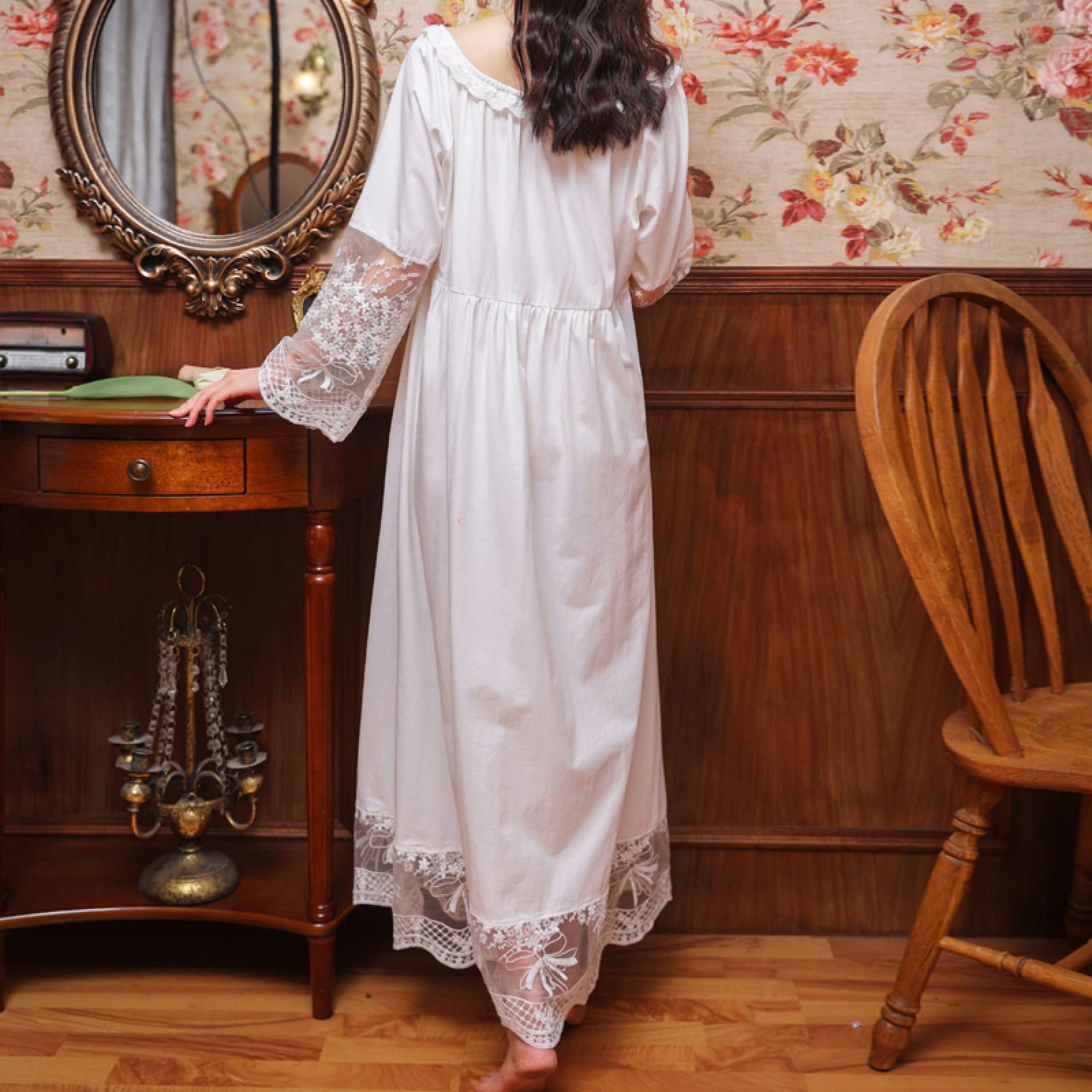 OFFSUM Camisón De Pijama De Mujer - Encaje Jacquard Algodón Ropa De Dormir Dulce Princesa Camisón Elegante Vintage Camisón Boda Primavera Verano Loungewear