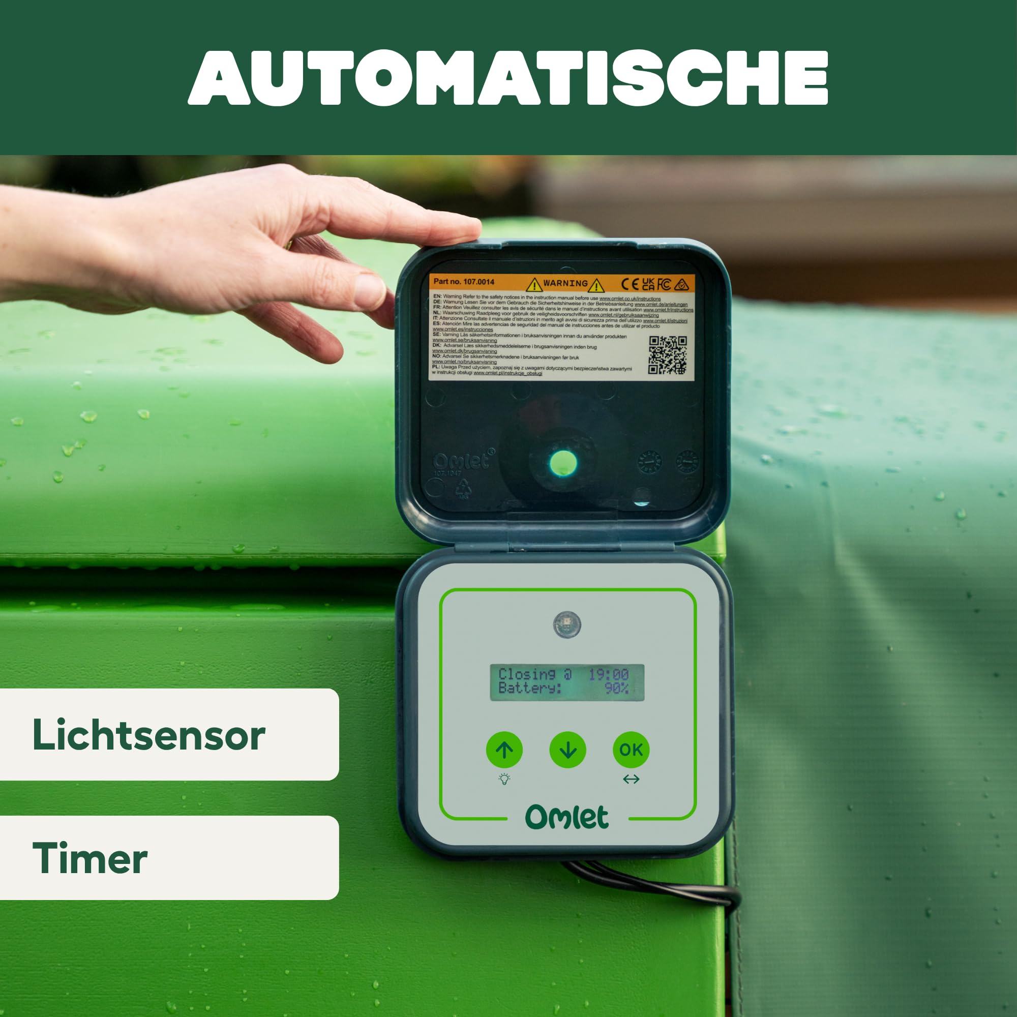 Omlet Intelligente Automatische Hühnerstalltür mit WLAN | Smarte Hühnerklappe per App programmierbar | Lichtsensor oder Timer | Einfache Installation | Netz- oder Batteriebetrieb | Grau