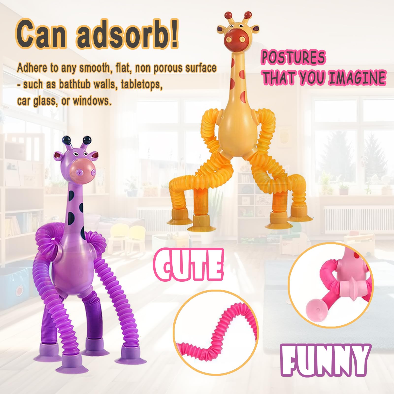 Ugj Bendable Giraffe Figures, Set Of 4 Flexible Giraffes, Telescopic Suction Cup Giraffe Toy, Telescopic Pop Tubes, Fidget Tubes Sensory Toys For Girls Boys - Image 3 thumbnail