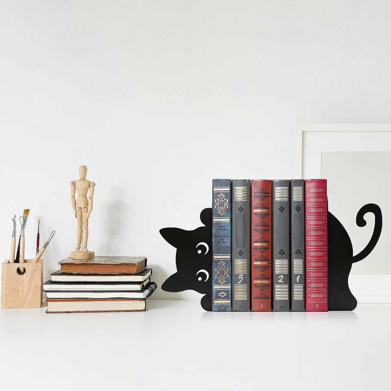 4 Pcs Sleeping Cat Metal Bookends Adorable Decorative Book Stoppers for Shelves,Black Cat Book Holders for Home Office Desk Bookshelf Decoration,Ideal Gift for Cat Lovers & Book Lovers
