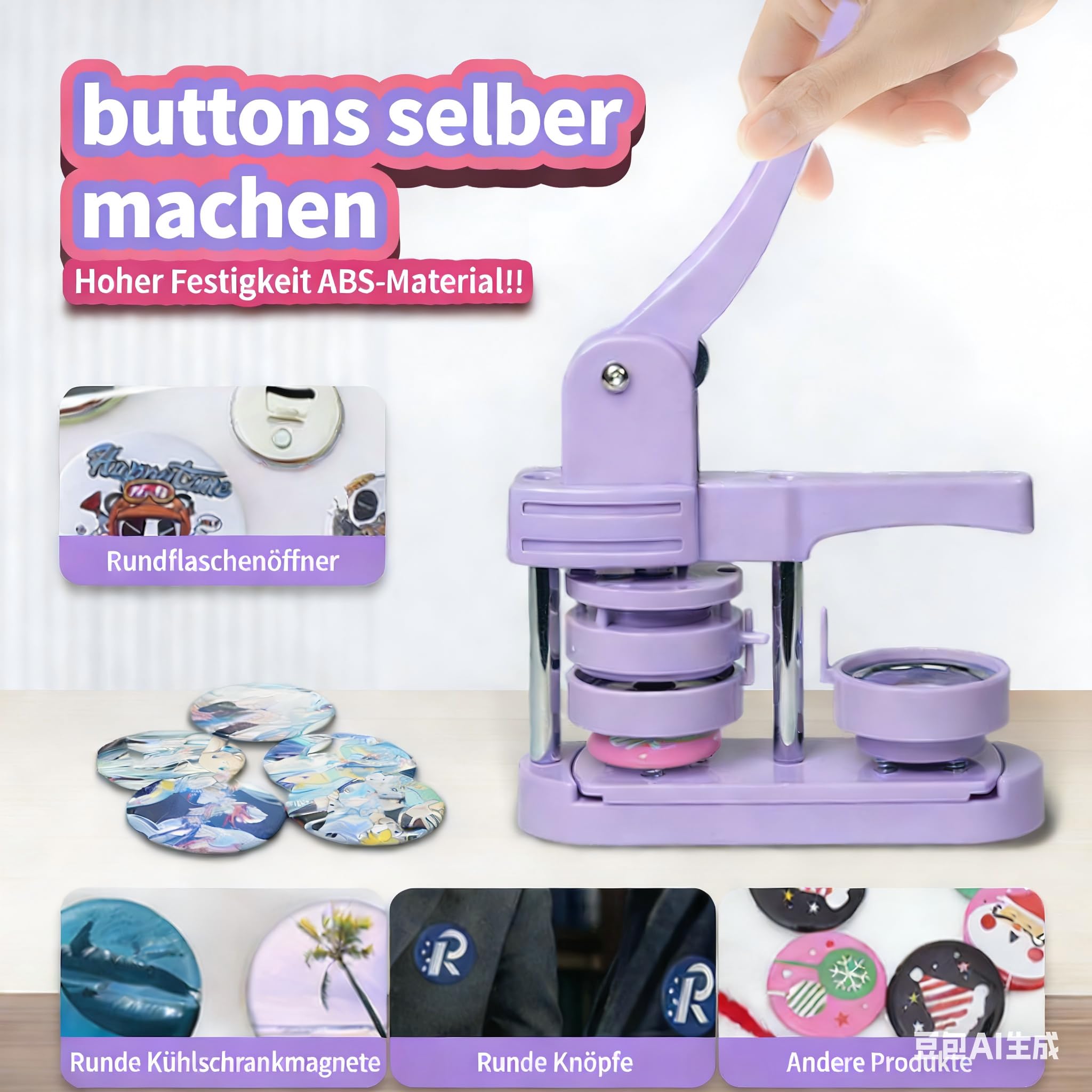 Buttonmaschine 58 mm – Manuelle Buttonpresse Set ohne Montage, inkl. 100 Zubehör & Kreisschneider, DIY Abzeichenmaschine für Basteln, Partys & Geschenke