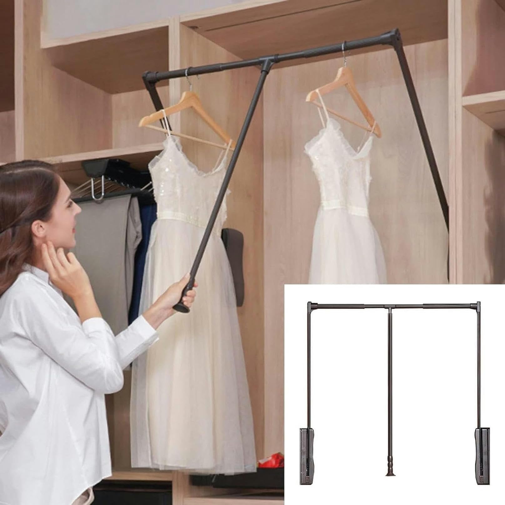 Rail de suspension pour vêtements et aménagement de dressing avec levage en métal