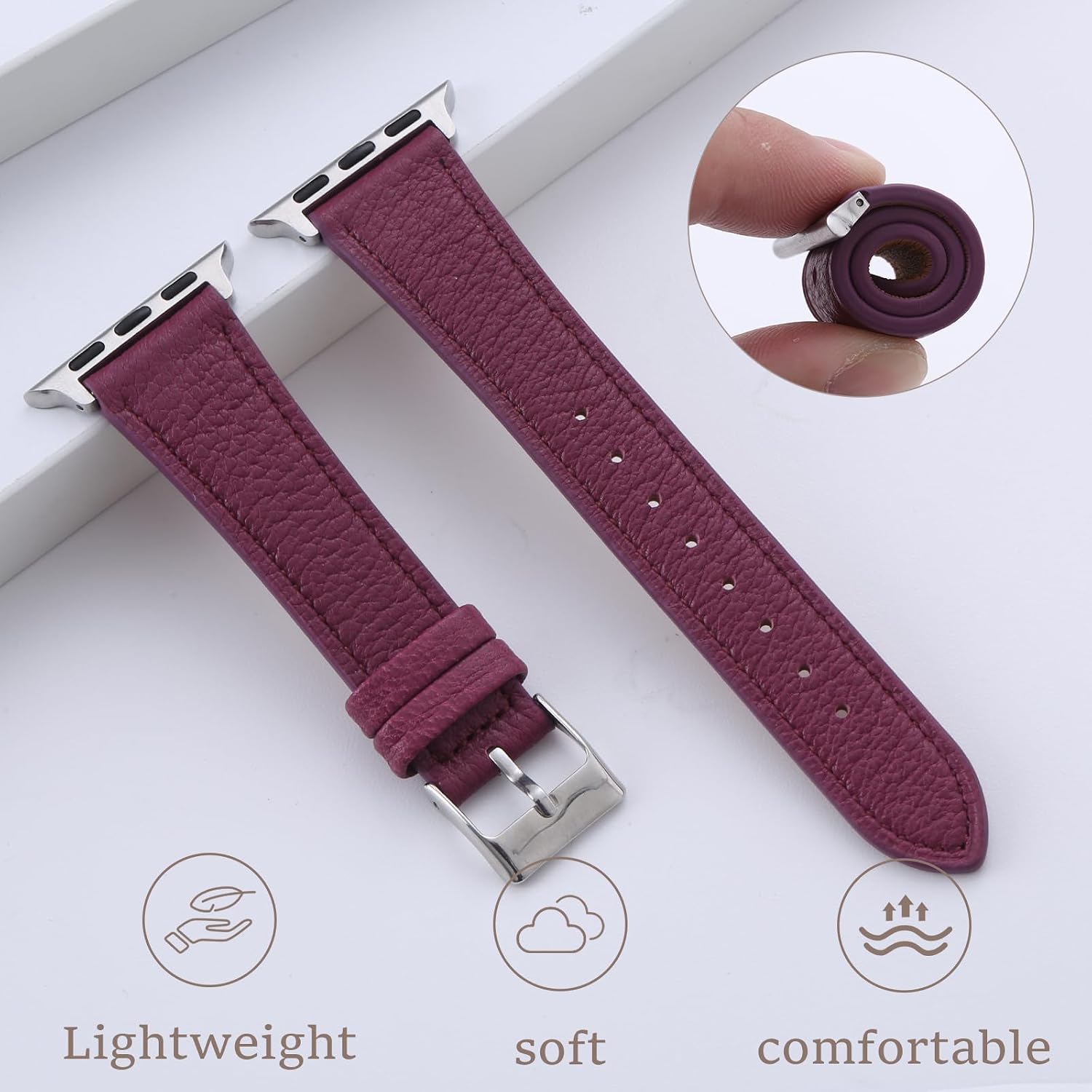 Thin Soft Goatskin Women Leather Bands Compatible With Apple Watch Band 49mm 46mm 45mm 44mm 42mm 41mm 40mm 38mm, Premium Lightweight Slim Leather Straps for iWatch Ultra SE 11 10 9 8 7 6 5 4 3 2 1