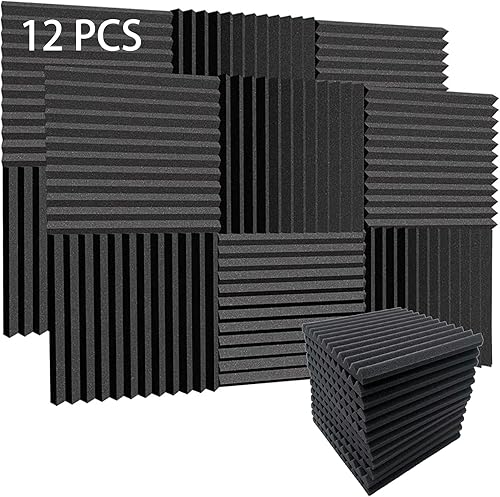 Miniatura 1 de Paquete de 12 paneles de espuma acústica negra, paneles acústicos de 1 x 12 x 12 pulgadas, espuma de estudio insonorizada para paredes, paneles de